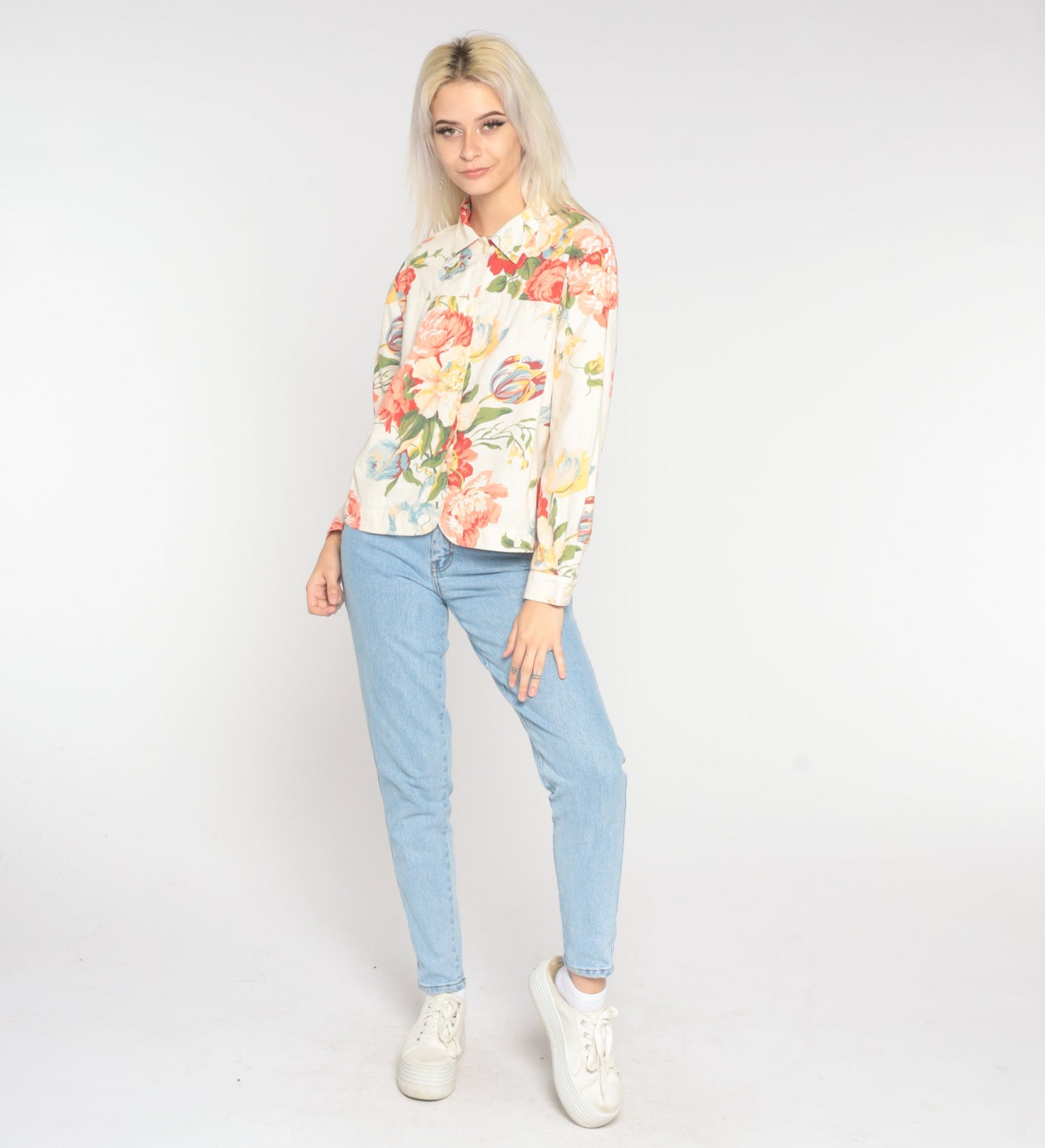00s Coldwater Creek Floral Button-Up Blouse Cream Long Sleeve Medium Petite