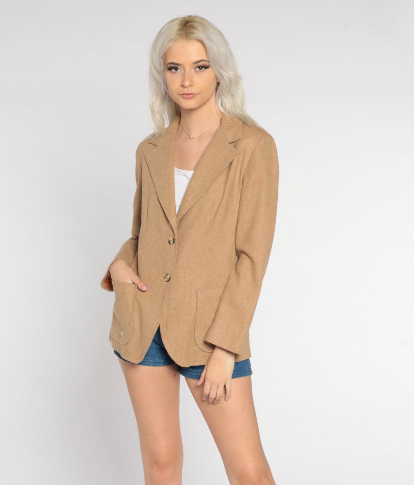 70s Wool Blazer Tan Button-Up Jacket Orange Lining Small