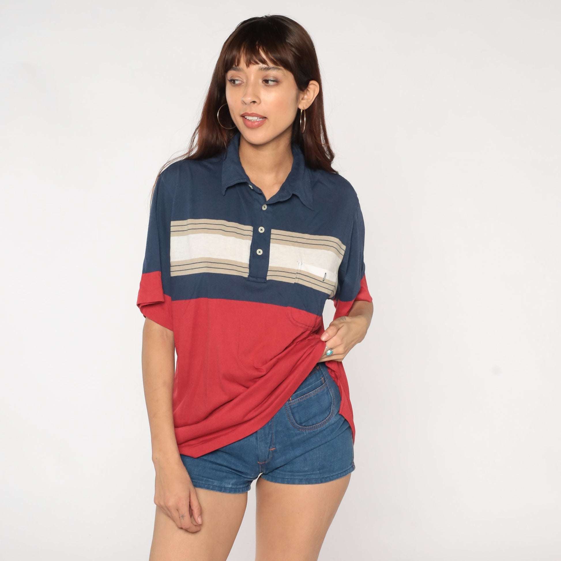 90s Polo Shirt Navy Red Tan Striped Color Block Chest Pocket Men's Large L