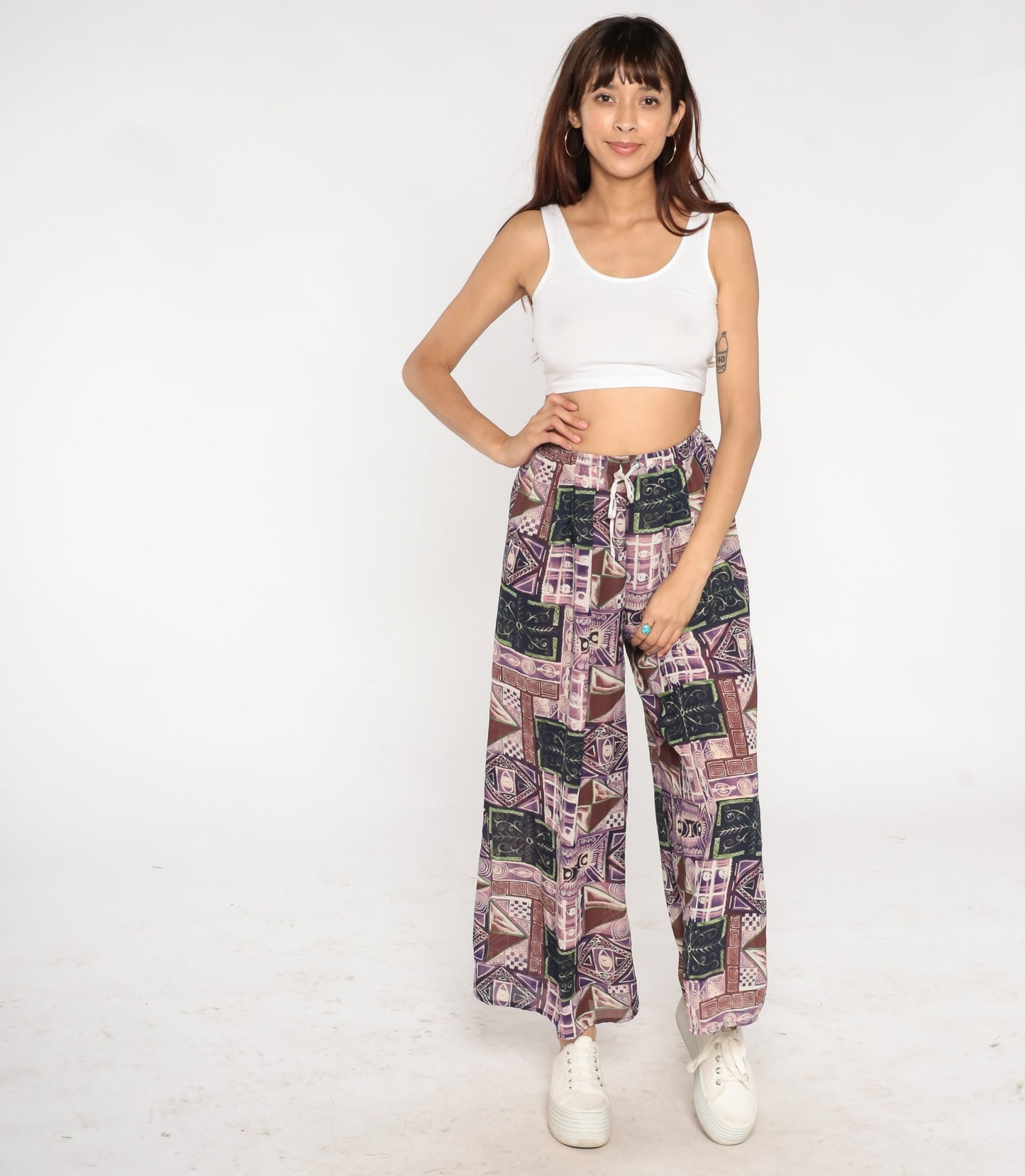 90s Patchwork Abstract Print Wide Leg Pants Purple Drawstring Waist Small