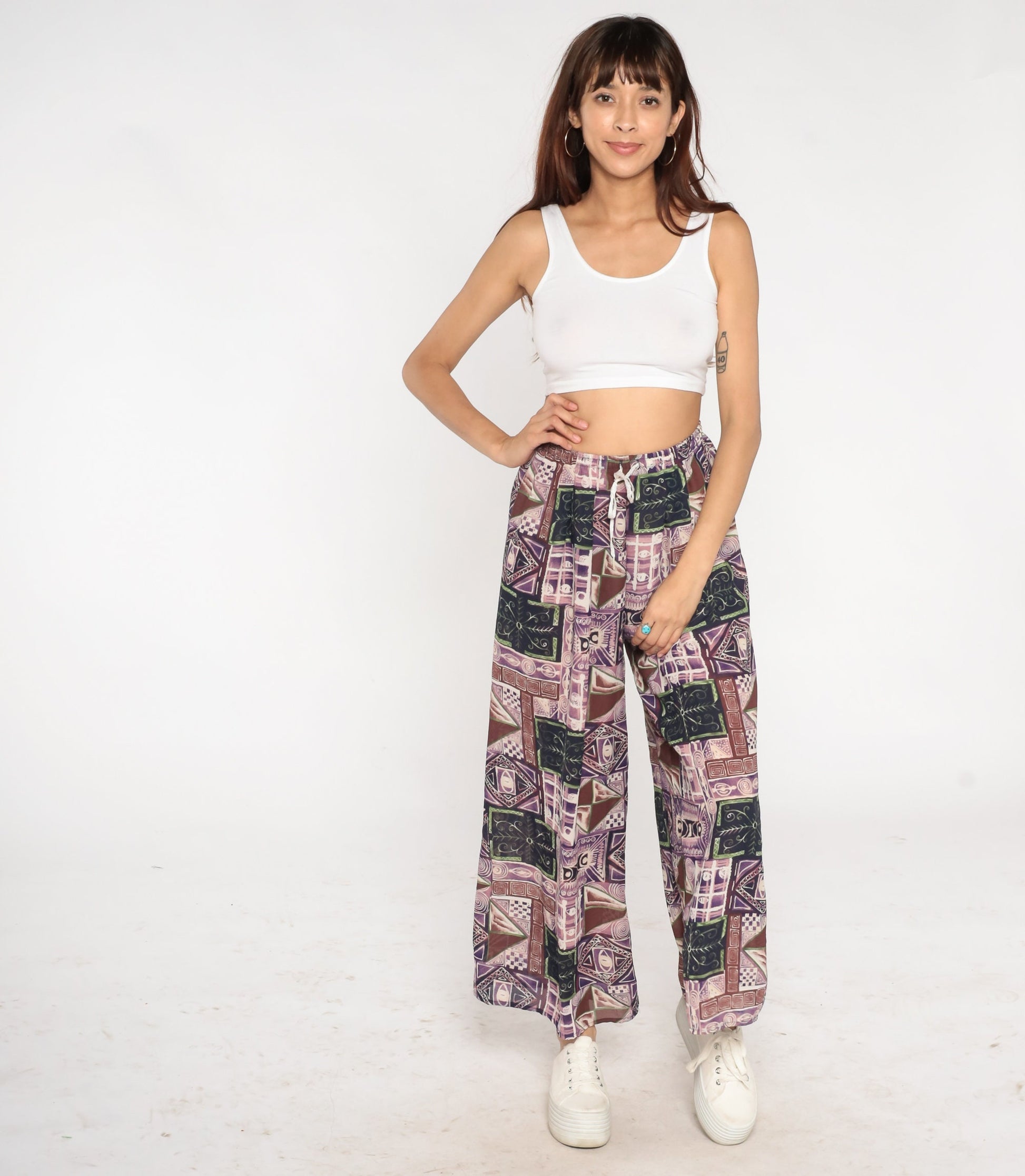 90s Patchwork Abstract Print Wide Leg Pants Purple Drawstring Waist Small