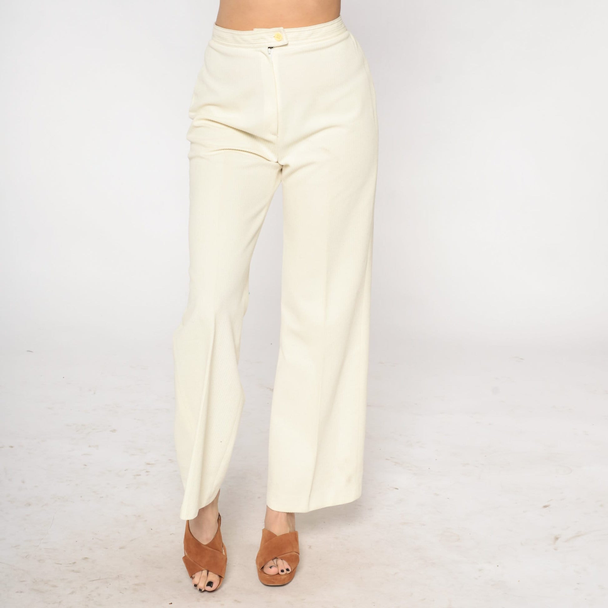 70s Cream High-Waisted Flared Trousers Medium M