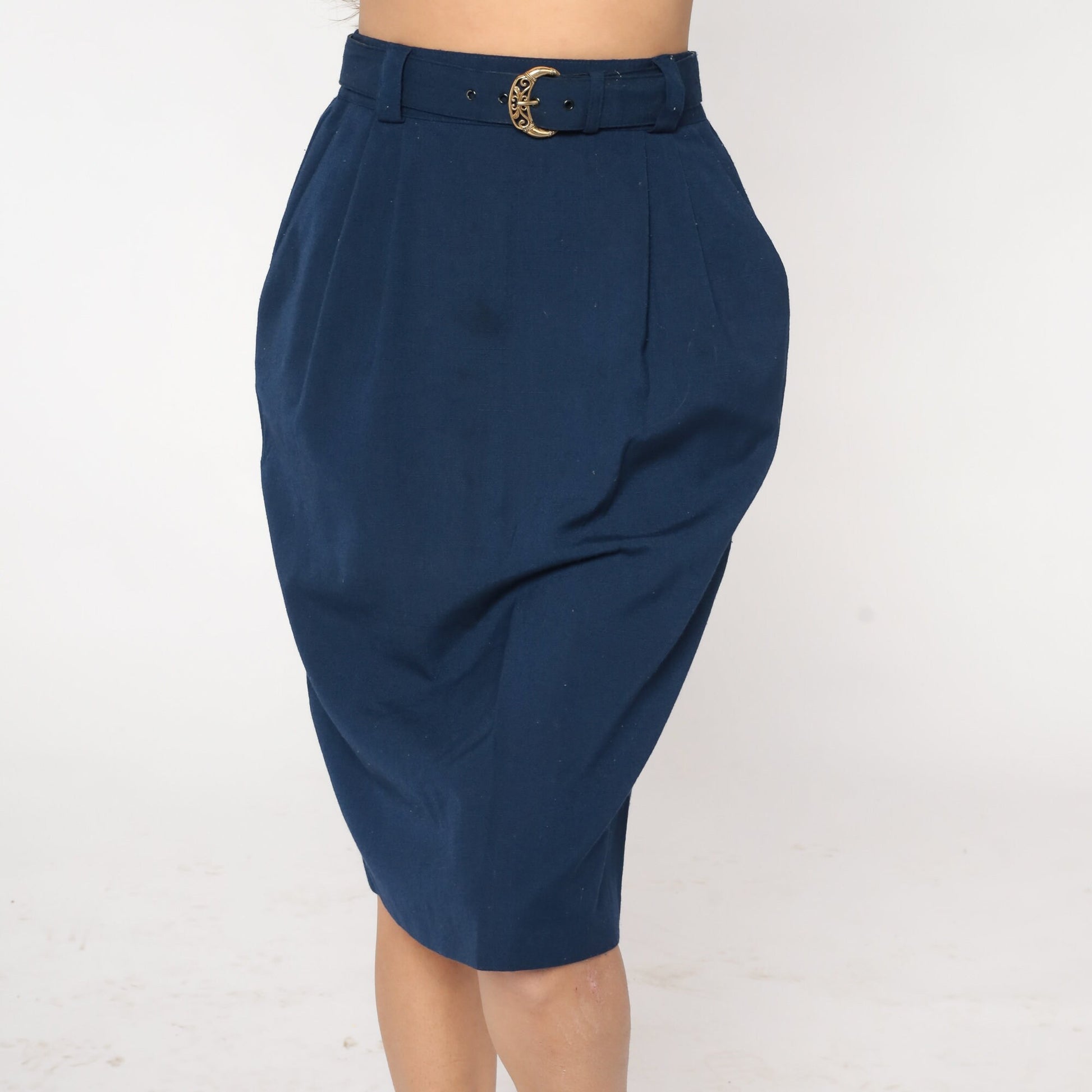 80s Navy Pencil Skirt High Waisted Knee Length Belted Small