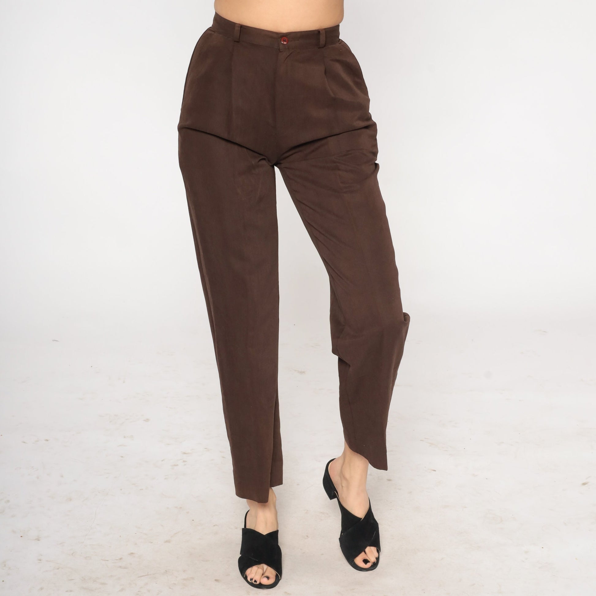 90s Brown High-Waist Straight Leg Trousers Creased Pleated Small 4