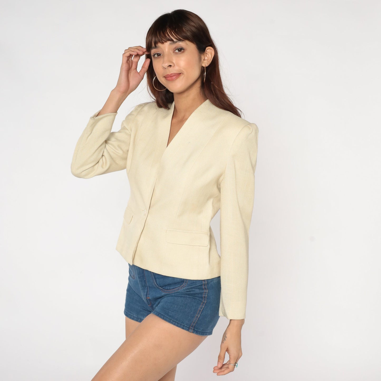 80s Cream Puff Sleeve Blazer Fitted Button-Up Jacket Extra Small XS