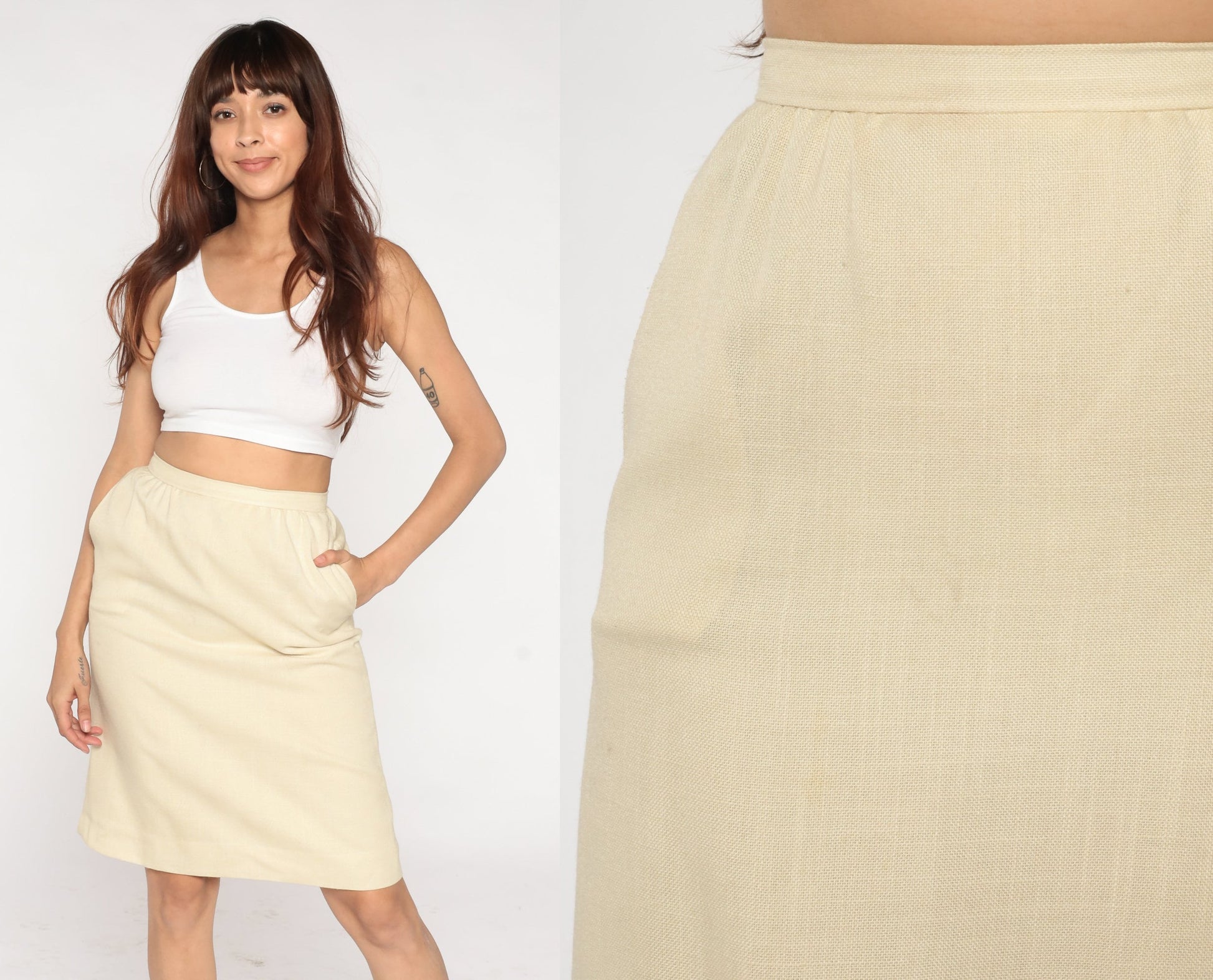 80s Cream Pencil Skirt Knee Length High Waisted Rear Zip Extra Small XS
