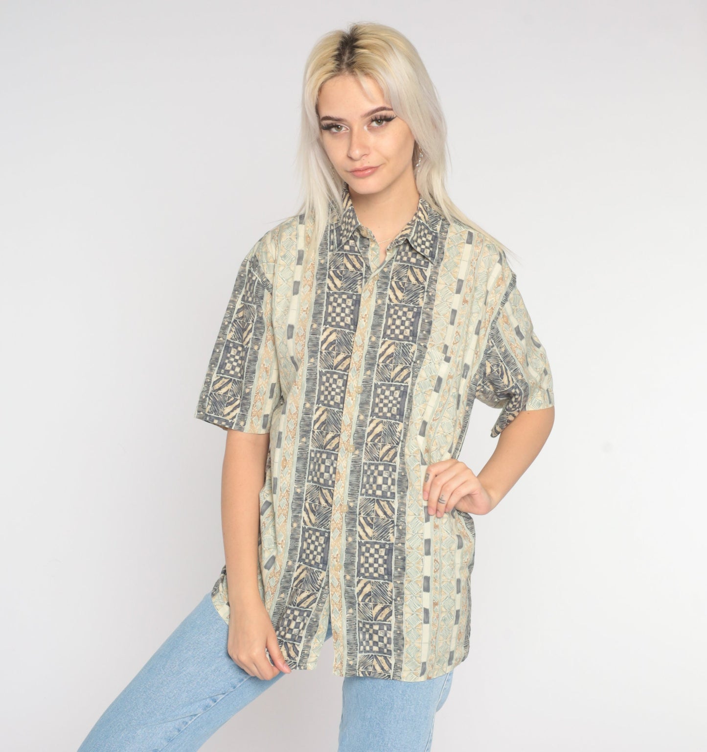90s Geometric Zebra Print Button-Up Blouse Brown Beige Cotton Medium