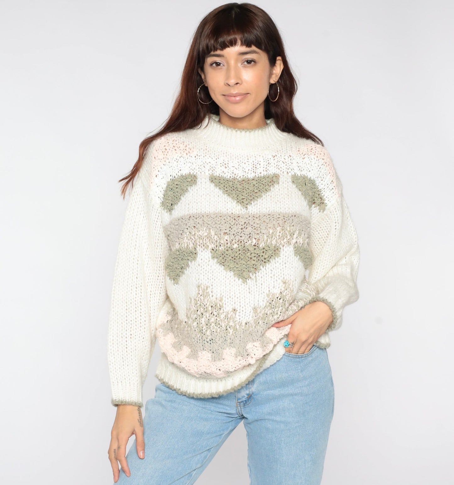 80s Geometric Mock Neck Sweater White Knit Pullover Small S