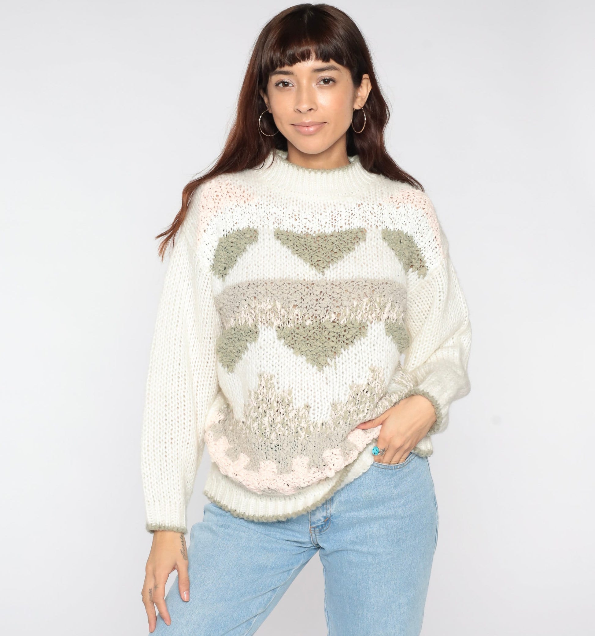 80s Geometric Mock Neck Sweater White Knit Pullover Small S