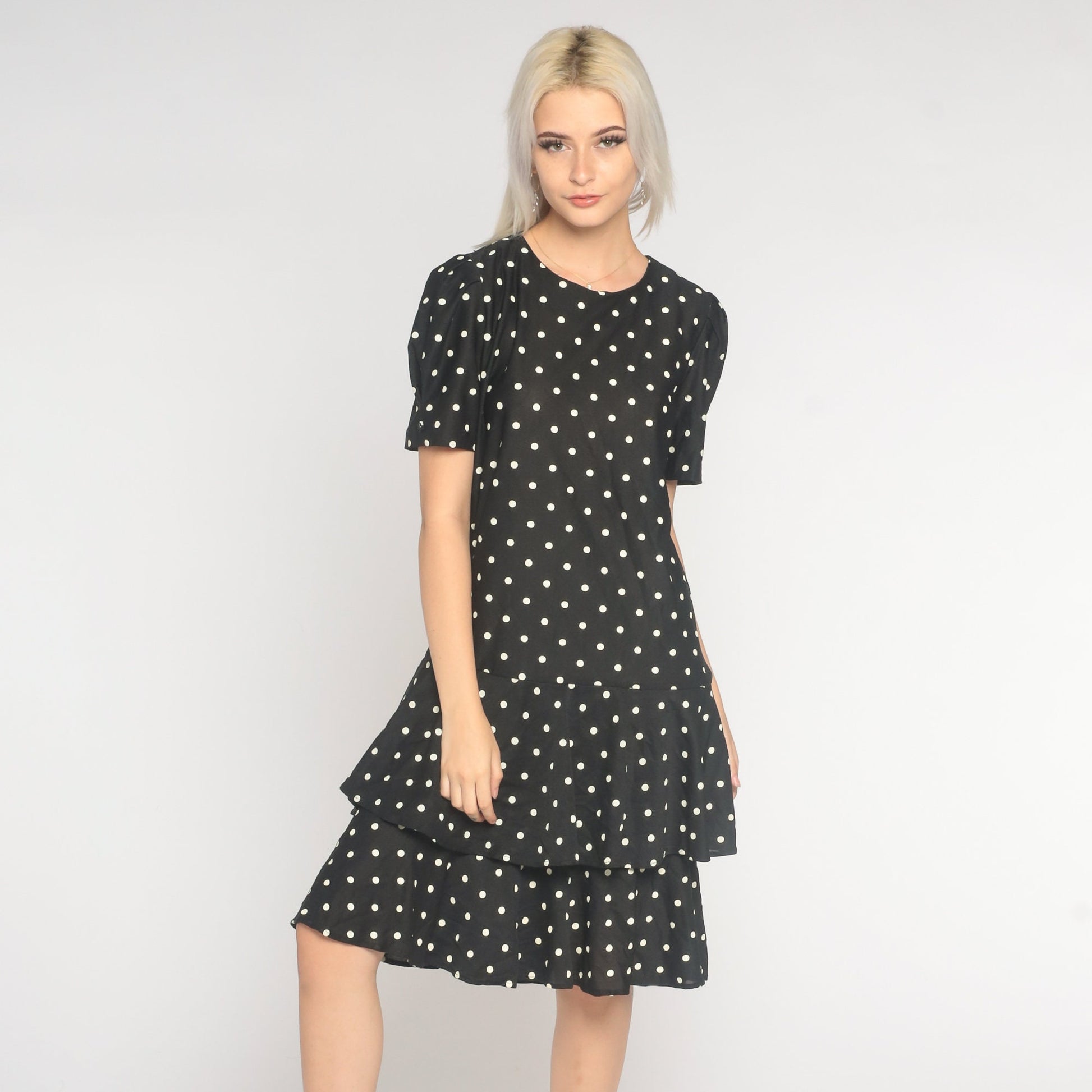80s Black Polka Dot Tiered Dress Puff Sleeve Knee Length Large