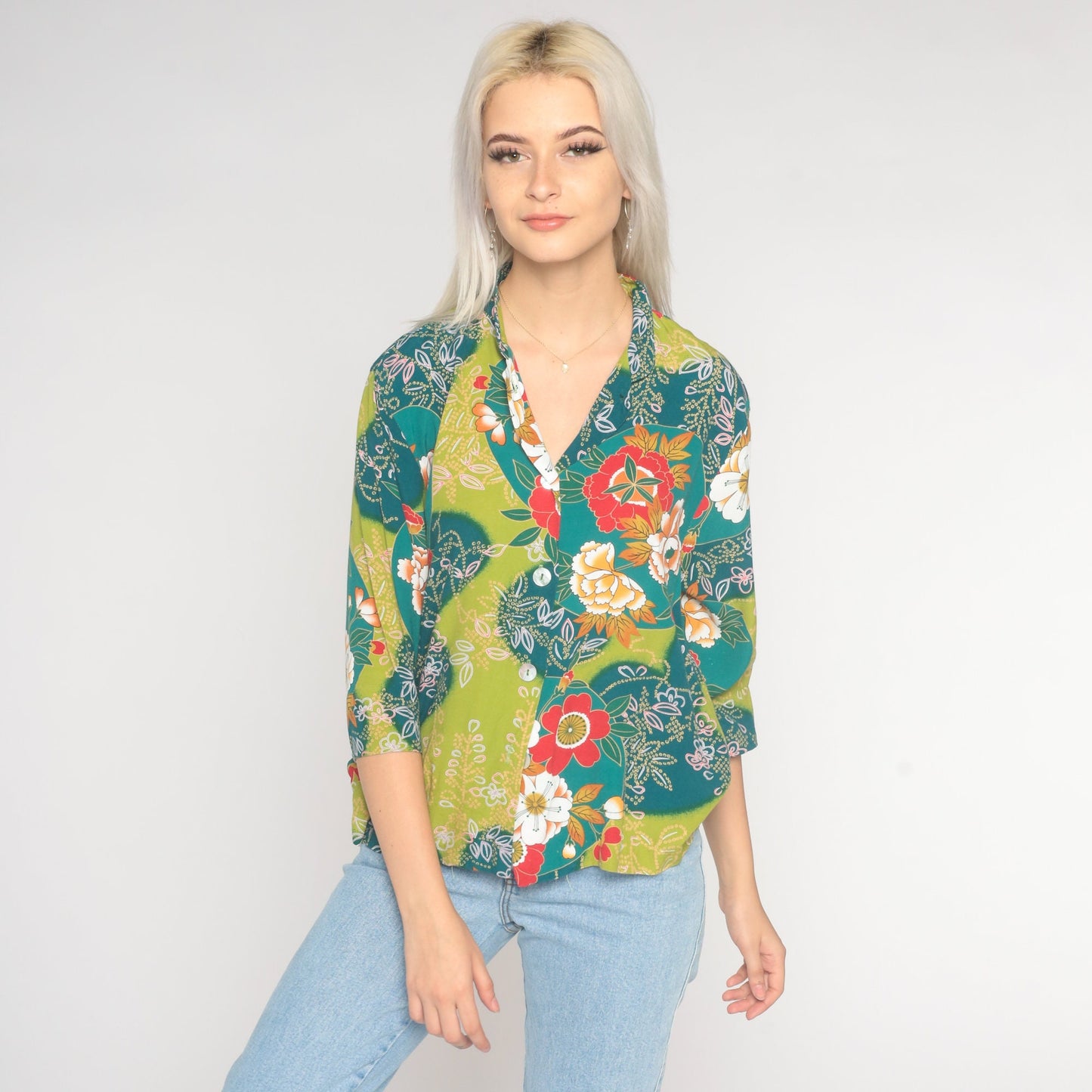 90s Floral Button-Up Blouse Blue Green Rayon 3/4 Sleeve Medium M