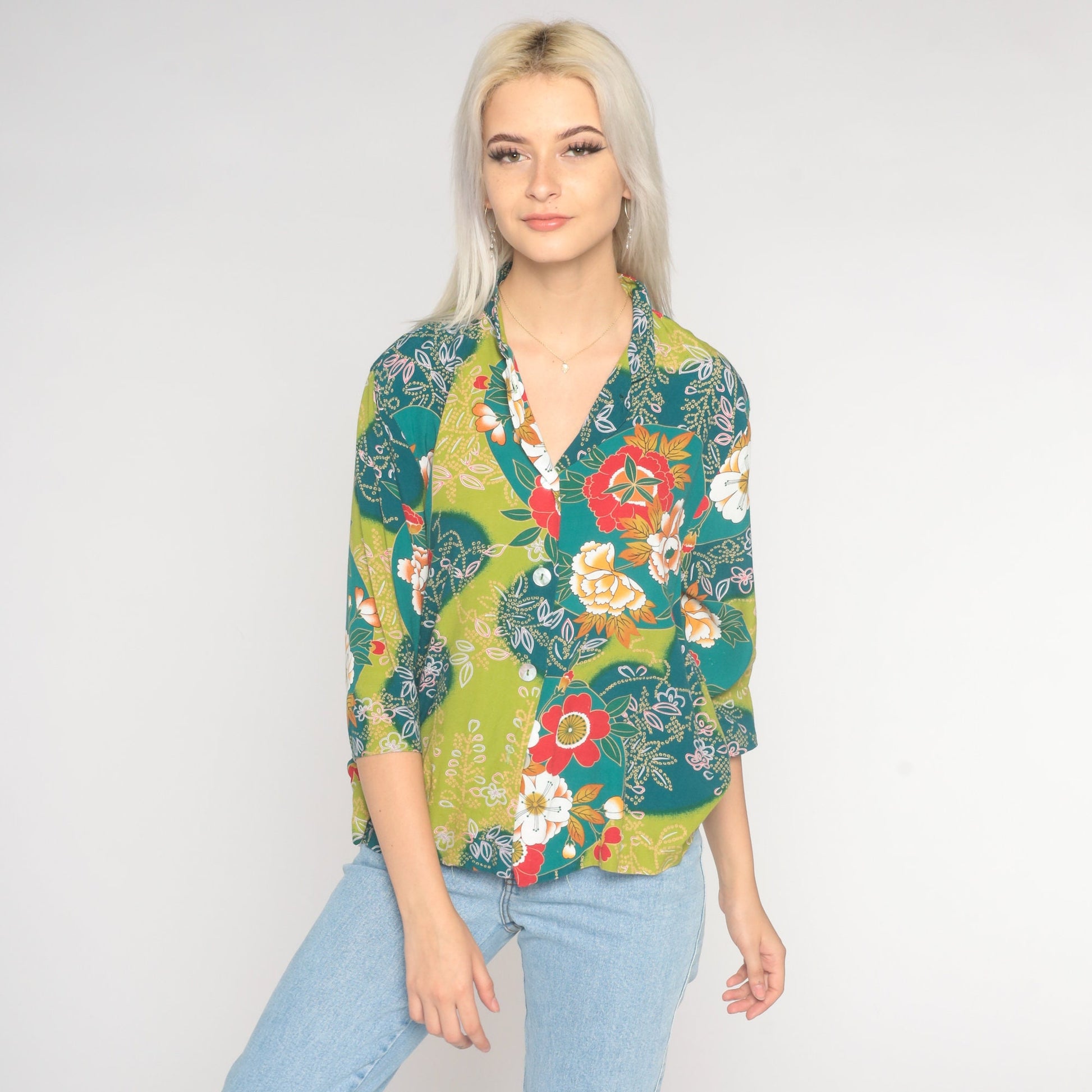 90s Floral Button-Up Blouse Blue Green Rayon 3/4 Sleeve Medium M