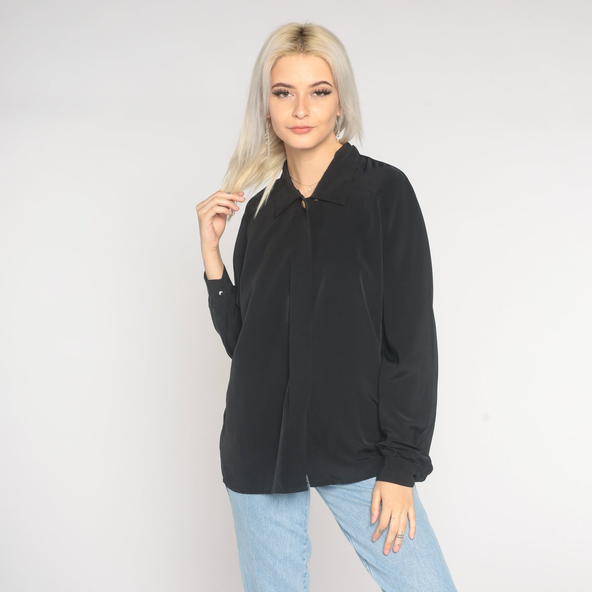 90s Black Button-Up Blouse Long Sleeve Hidden Buttons Large 12