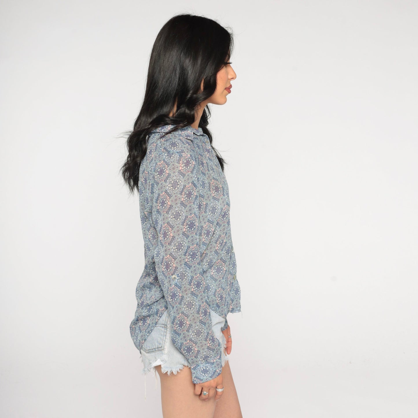 00s Batik Floral Button-Up Blouse Geometric Print Long Sleeve Collared Shirt Small