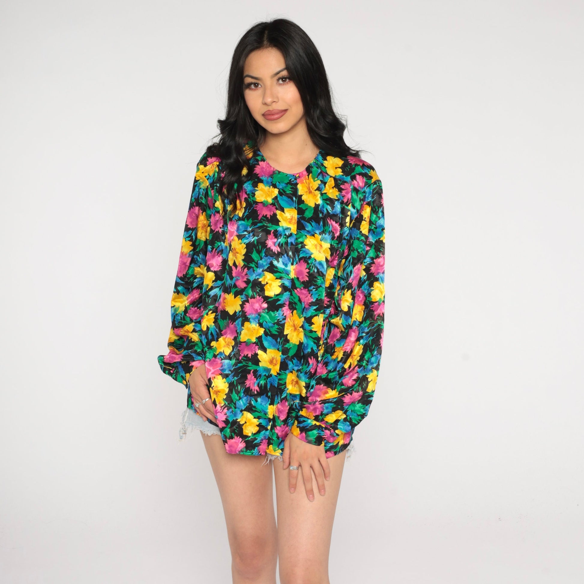90s Black Floral Blouse Hidden Button Long Sleeve Shirt Large L