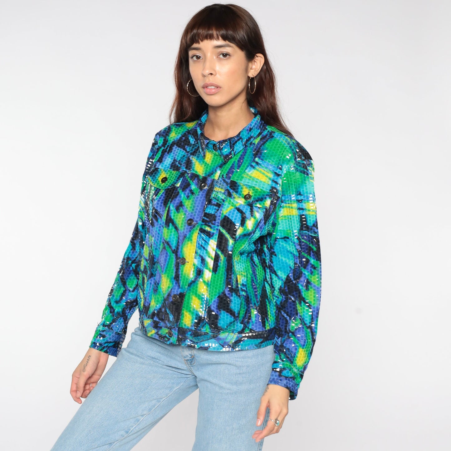 90s Faux Snakeskin Reversible Bomber Jacket Green Blue Geometric Petite Large