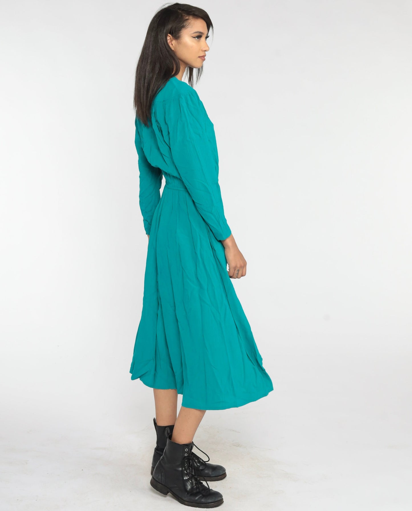 00s Teal Button-Up Maxi Dress High Waist Long Sleeve V-Neck Medium M