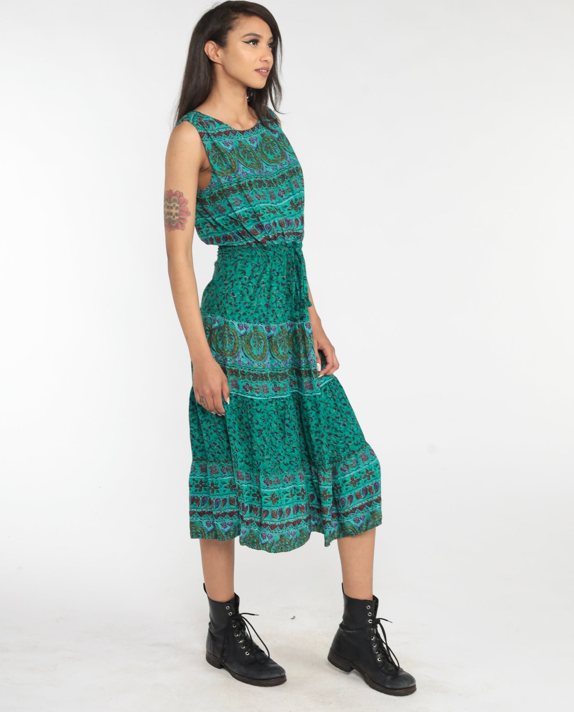 00s Indian Floral Midi Dress Green Sleeveless High Waist Cutout Back Small