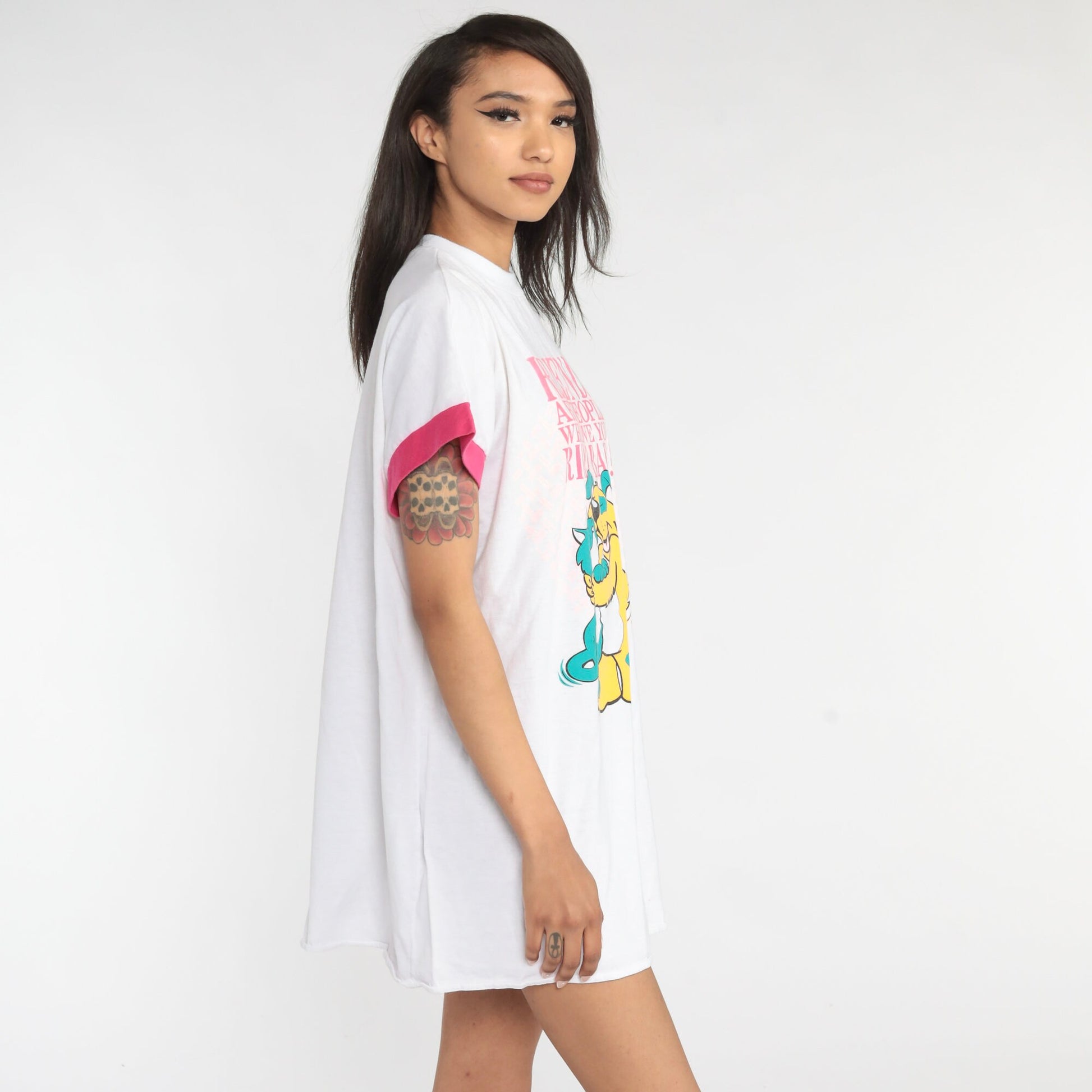90s Cat Dog Friendship Graphic T-Shirt Dress White Cartoon Mini