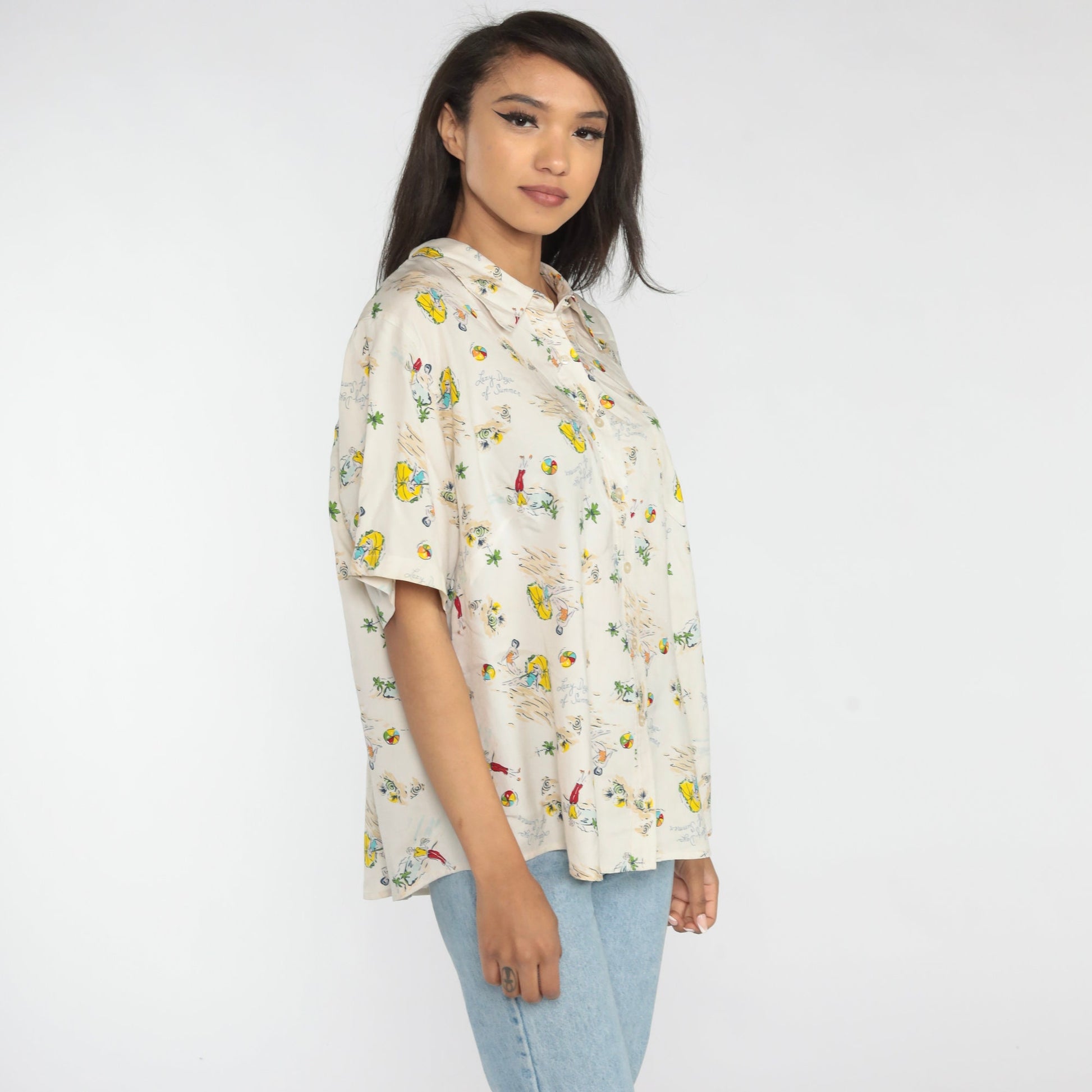 00s Liz Claiborne Silk Button-Up Blouse Beach Print Short Sleeve XXL