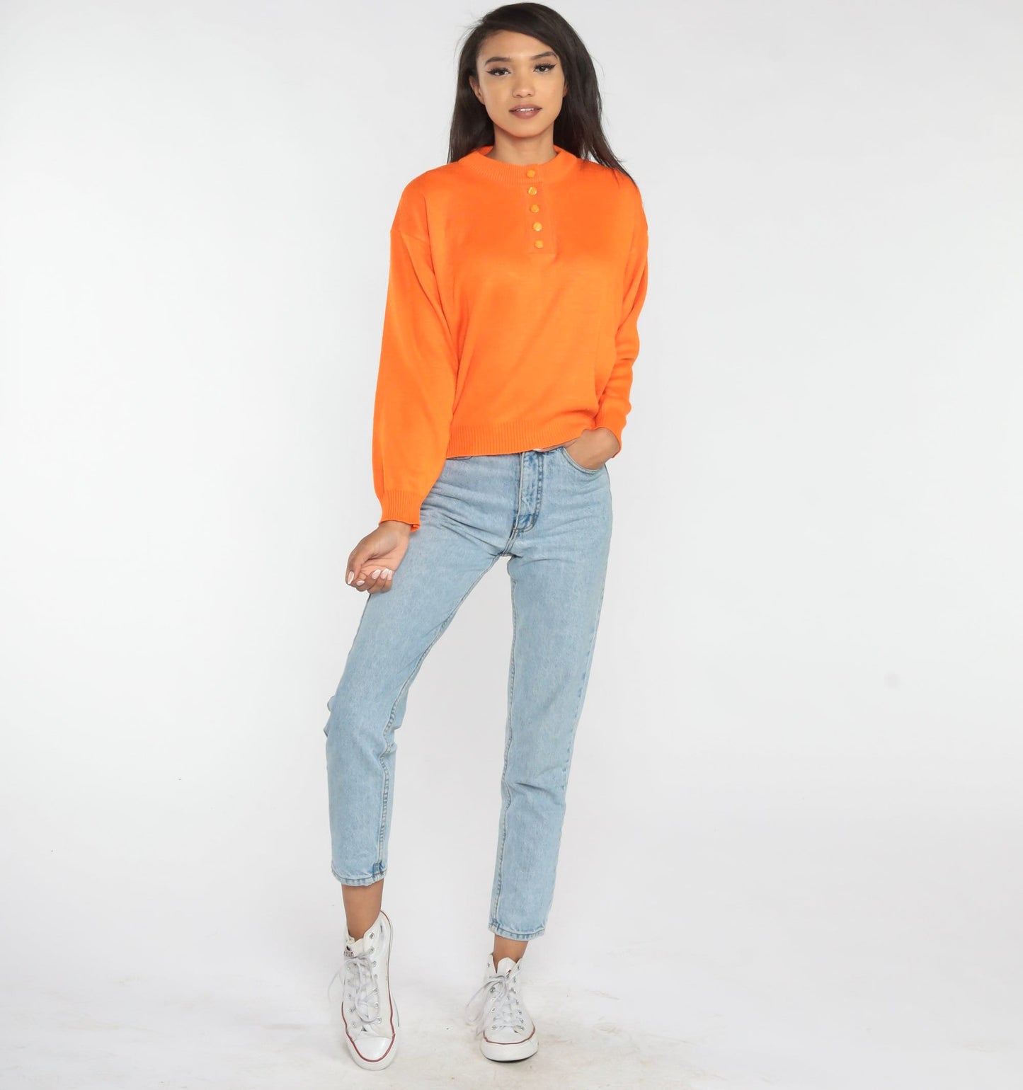 80s Orange Knit Henley Sweater Button-Up Small