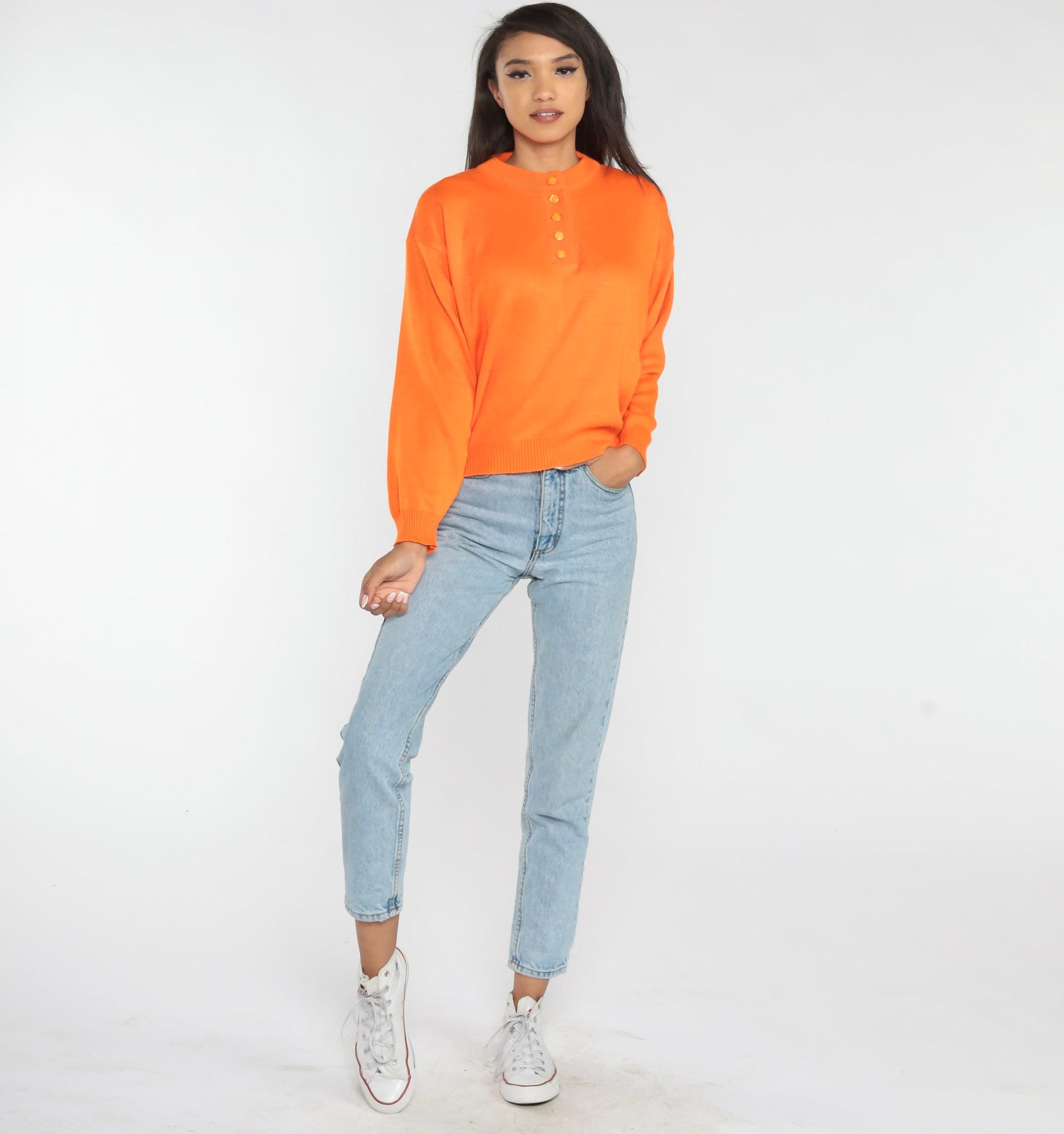 80s Orange Knit Henley Sweater Button-Up Small