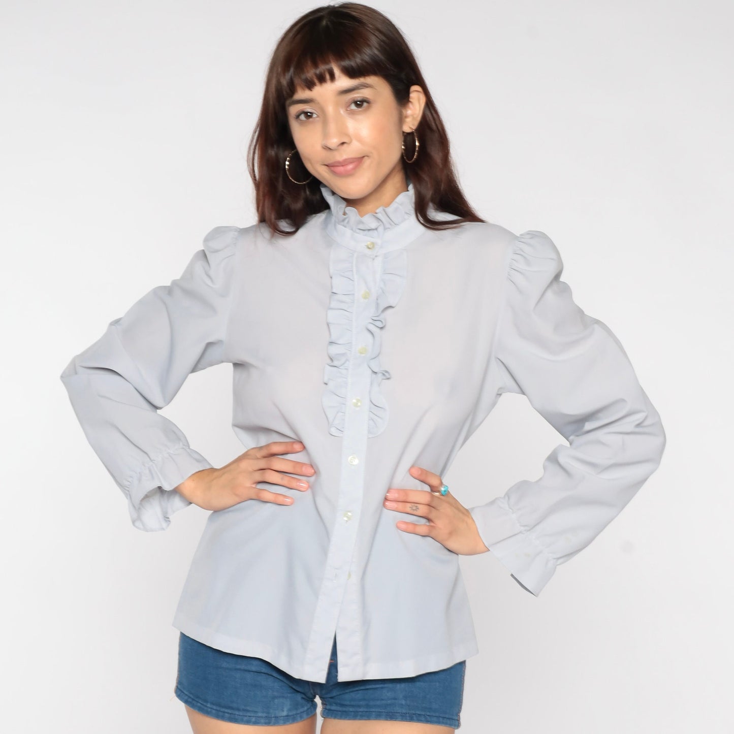 80s Grey Sheer Tuxedo Ruffle Blouse Puff Sleeve Button Up Medium