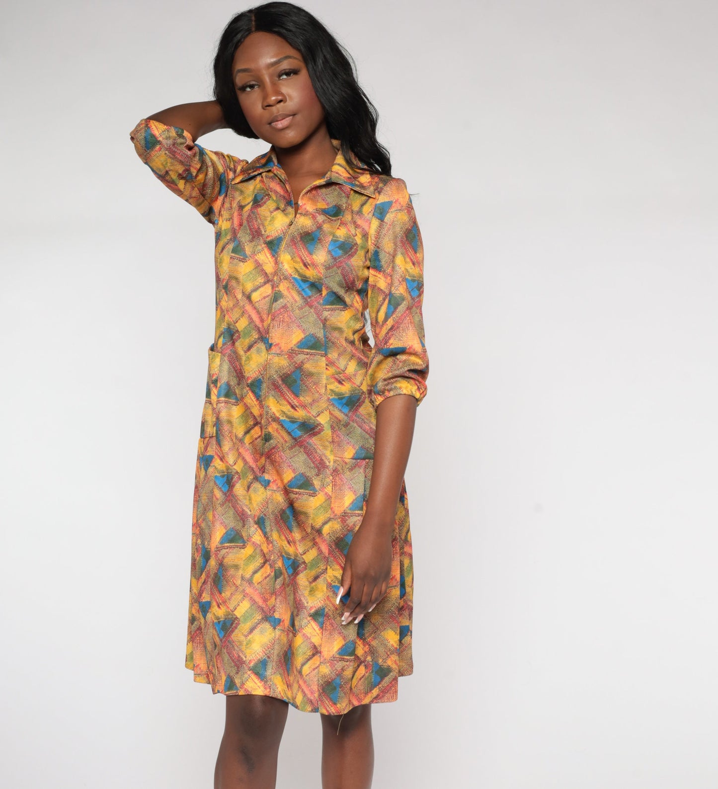 70s Geometric Abstract Print Shift Dress Collared Zip Front Knee Length Yellow Small