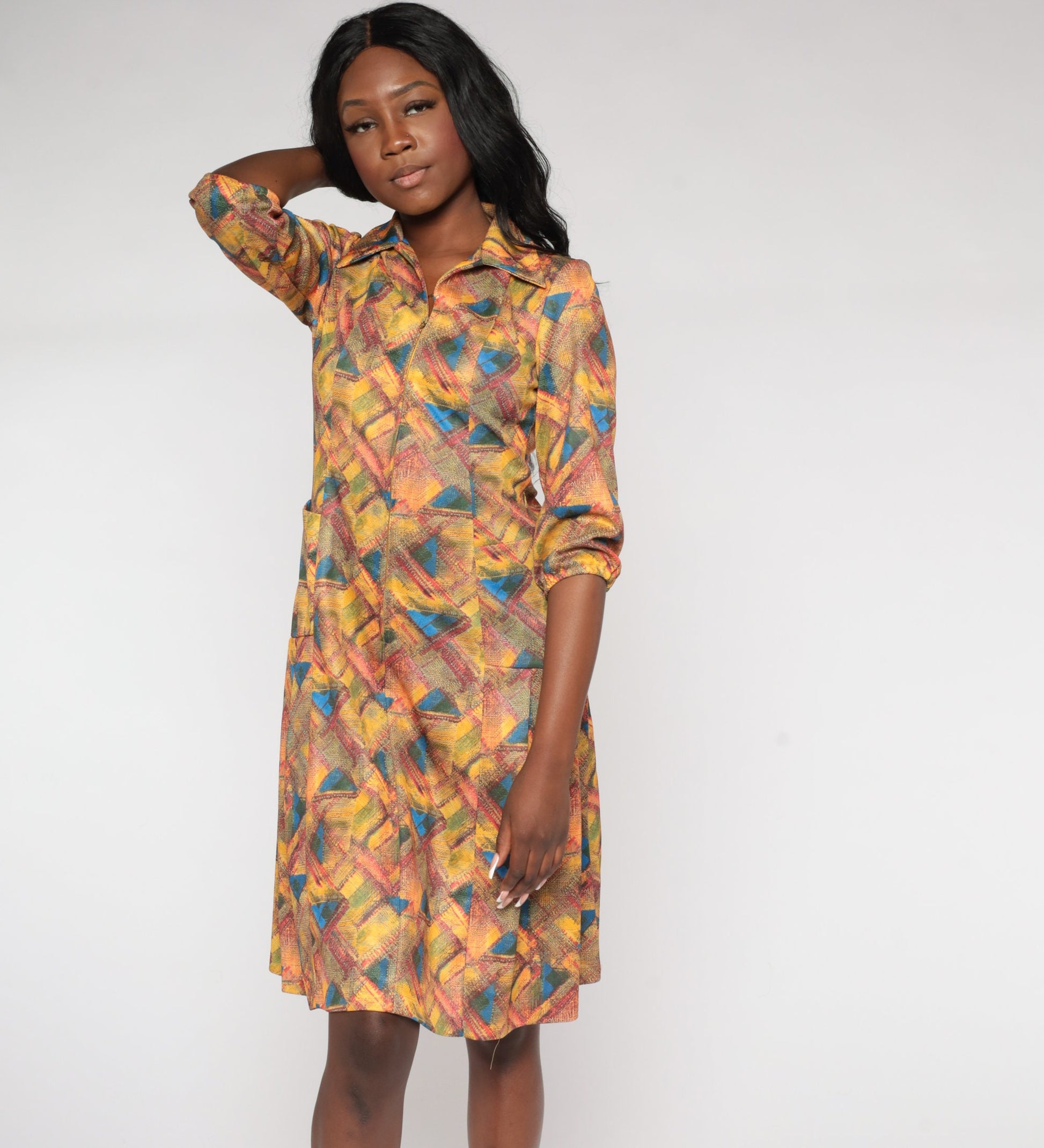 70s Geometric Abstract Print Shift Dress Collared Zip Front Knee Length Yellow Small