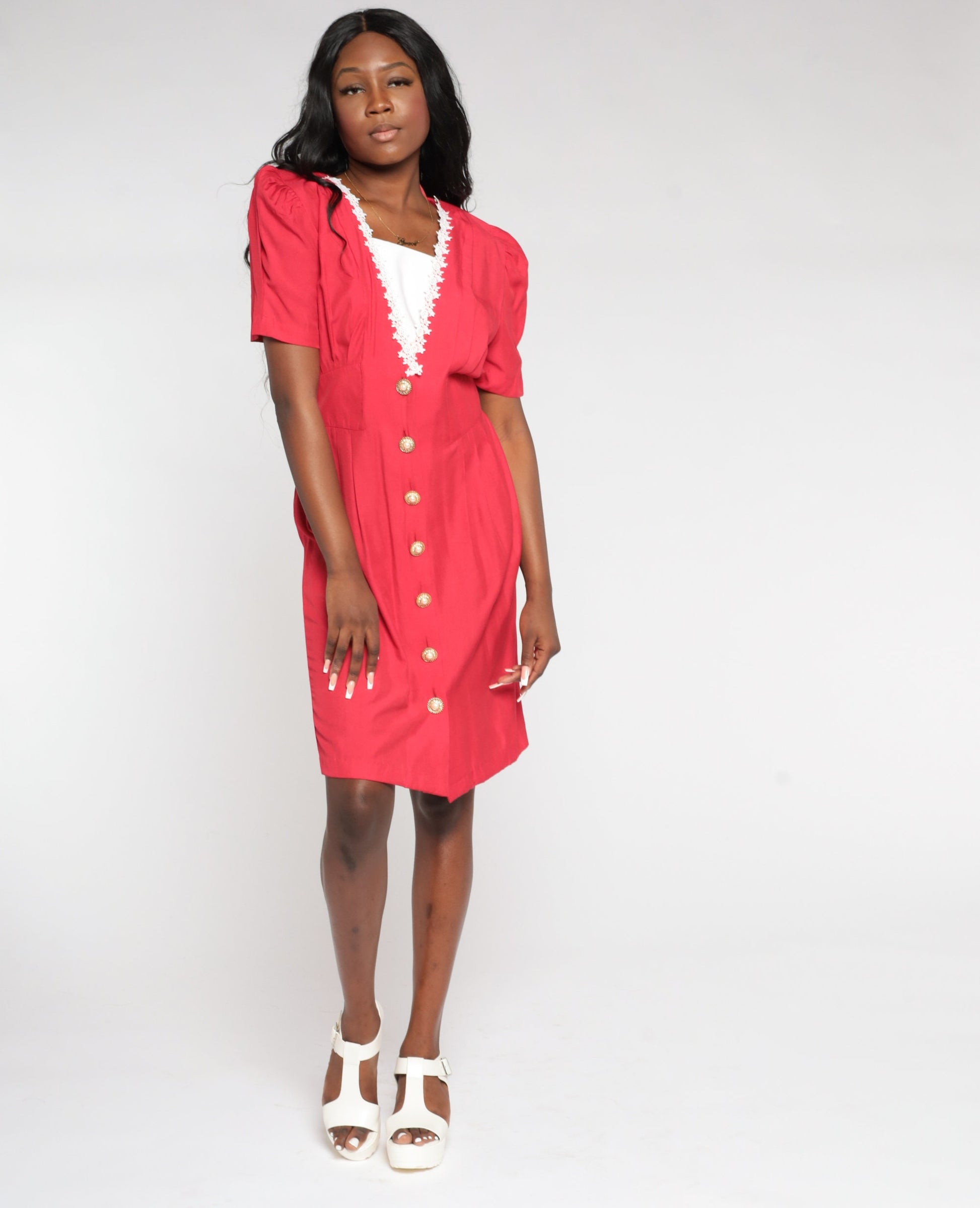 90s Red Midi Dress V Neck Puff Sleeve Button Up Lace Trim High Waist Small 6