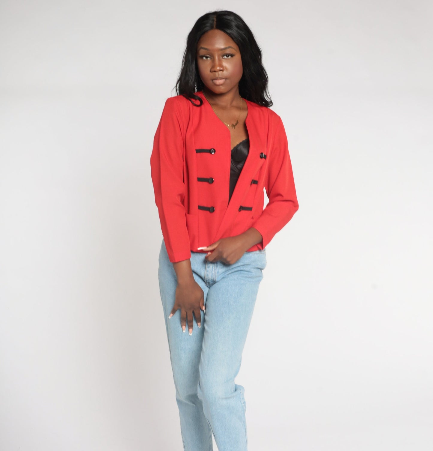80s Red Cropped Blazer Black Button Open Front Jacket Small