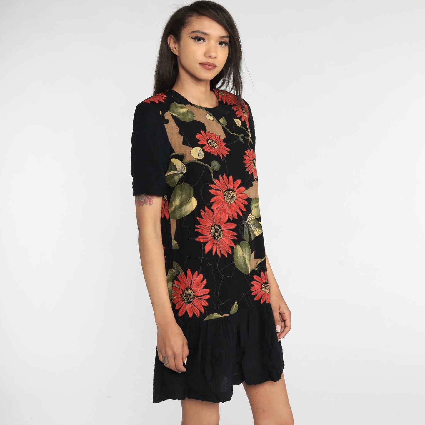 90s Black Floral Mini Dress Drop Waist Ruffle Short Sleeve Small S