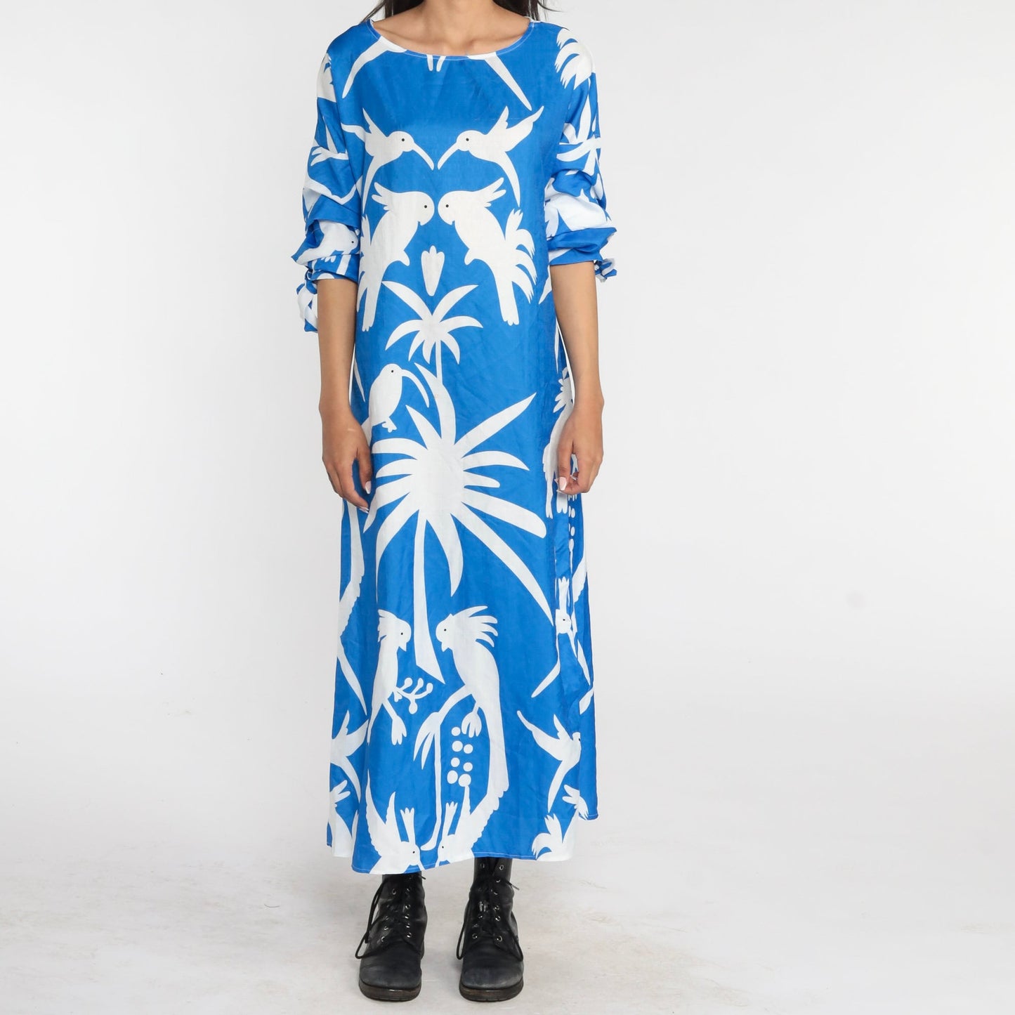 80s Bird Print Maxi Dress Blue Tropical Cockatoo Palm Tree Long Sleeve Medium