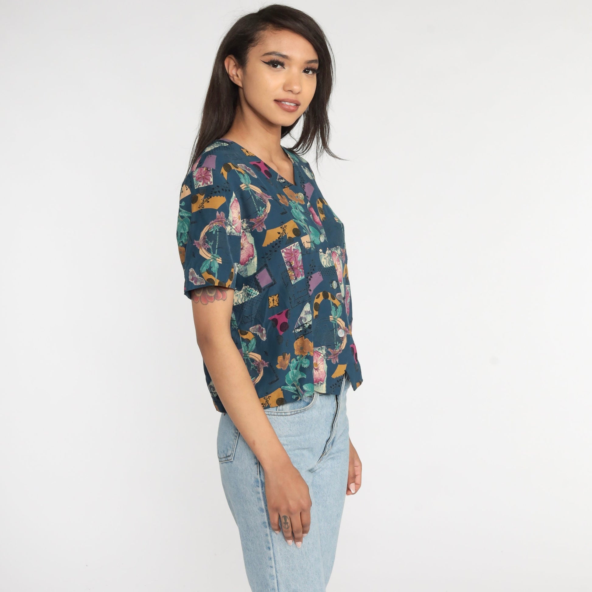 90s Blue Abstract Floral Button Up Blouse Short Sleeve Botanical Print Medium M