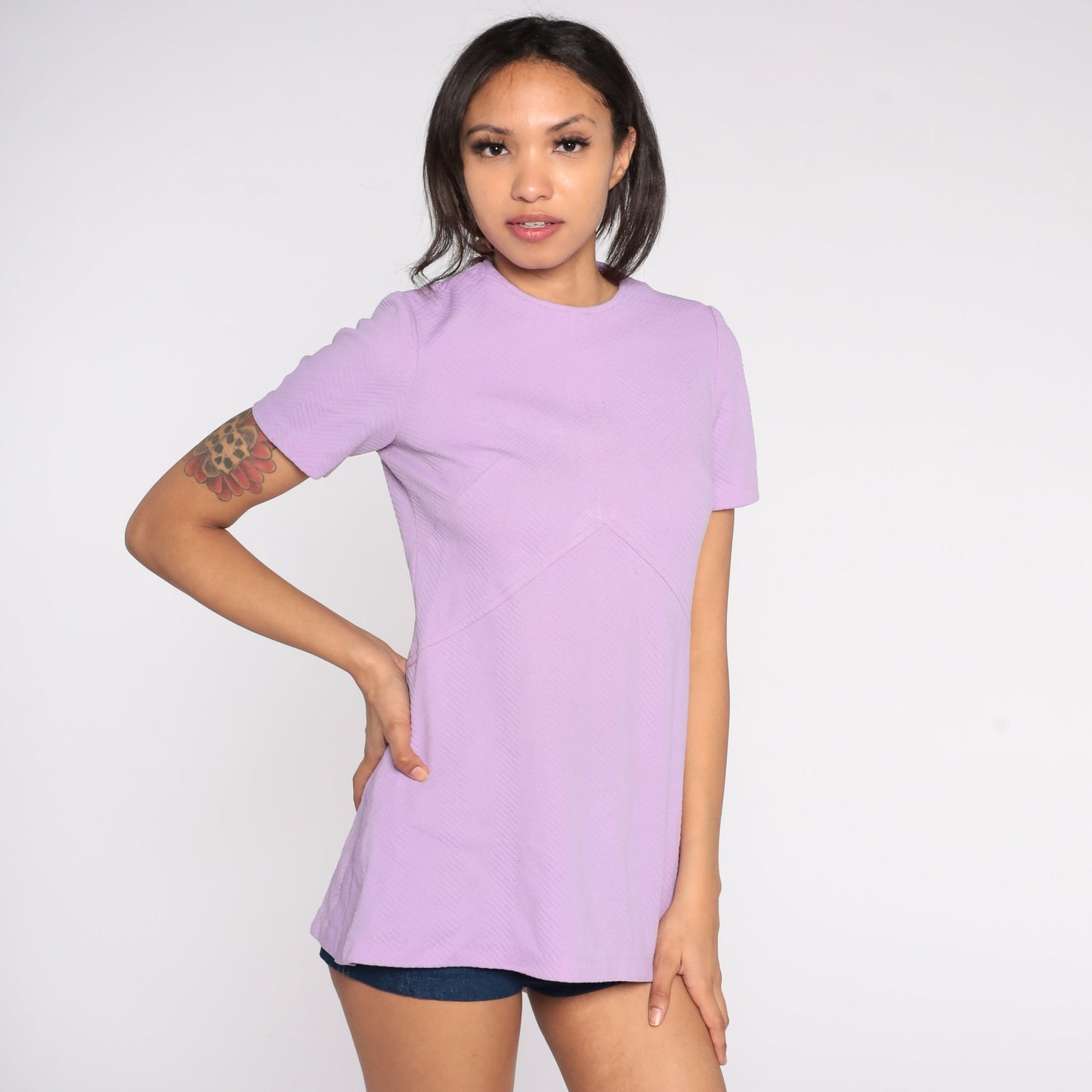 70s Lavender Mod Shirt Short Sleeve Empire Waist Blouse Small S