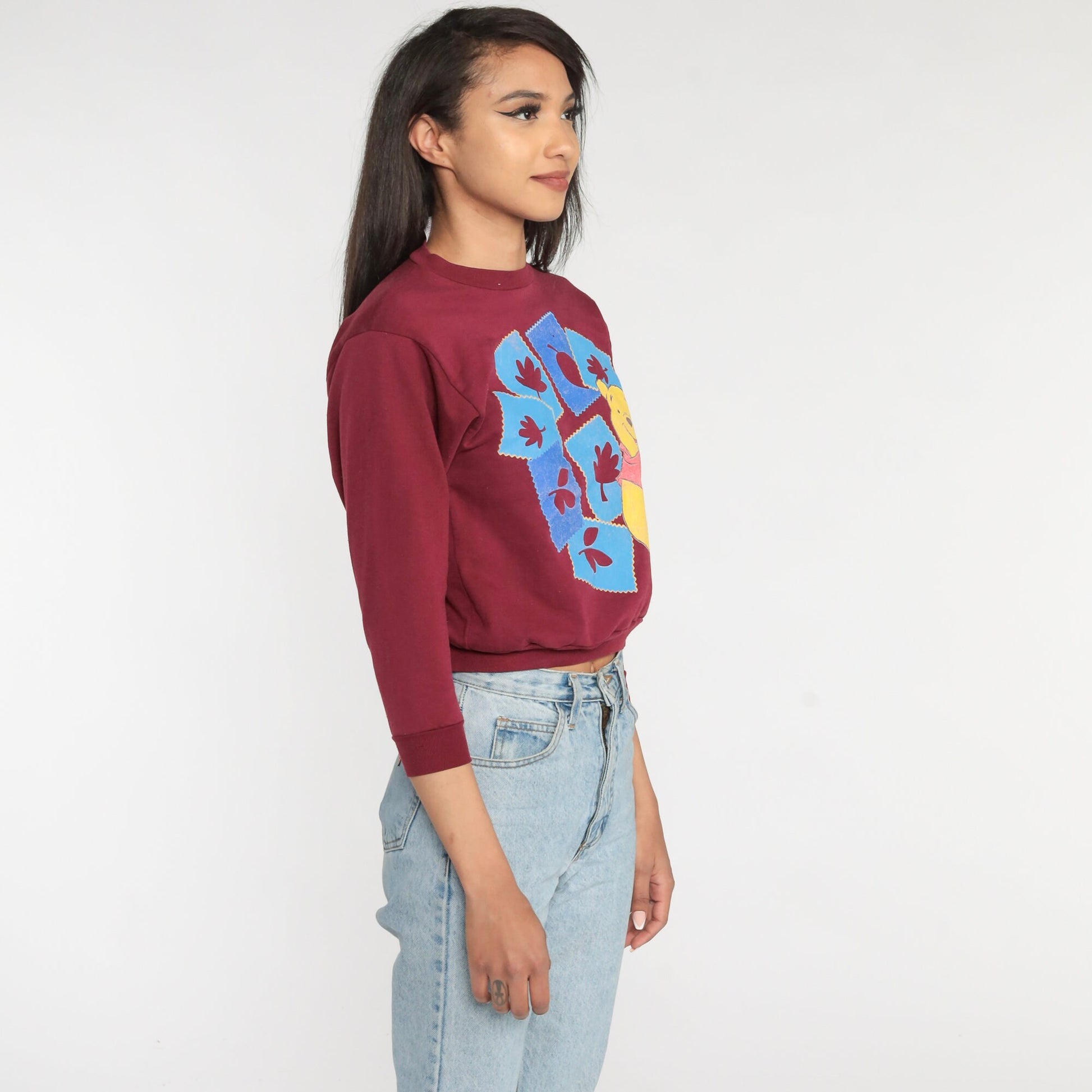 Y2K Winnie The Pooh Burgundy Autumn Leaves Sweatshirt Disney Graphic Crewneck XS