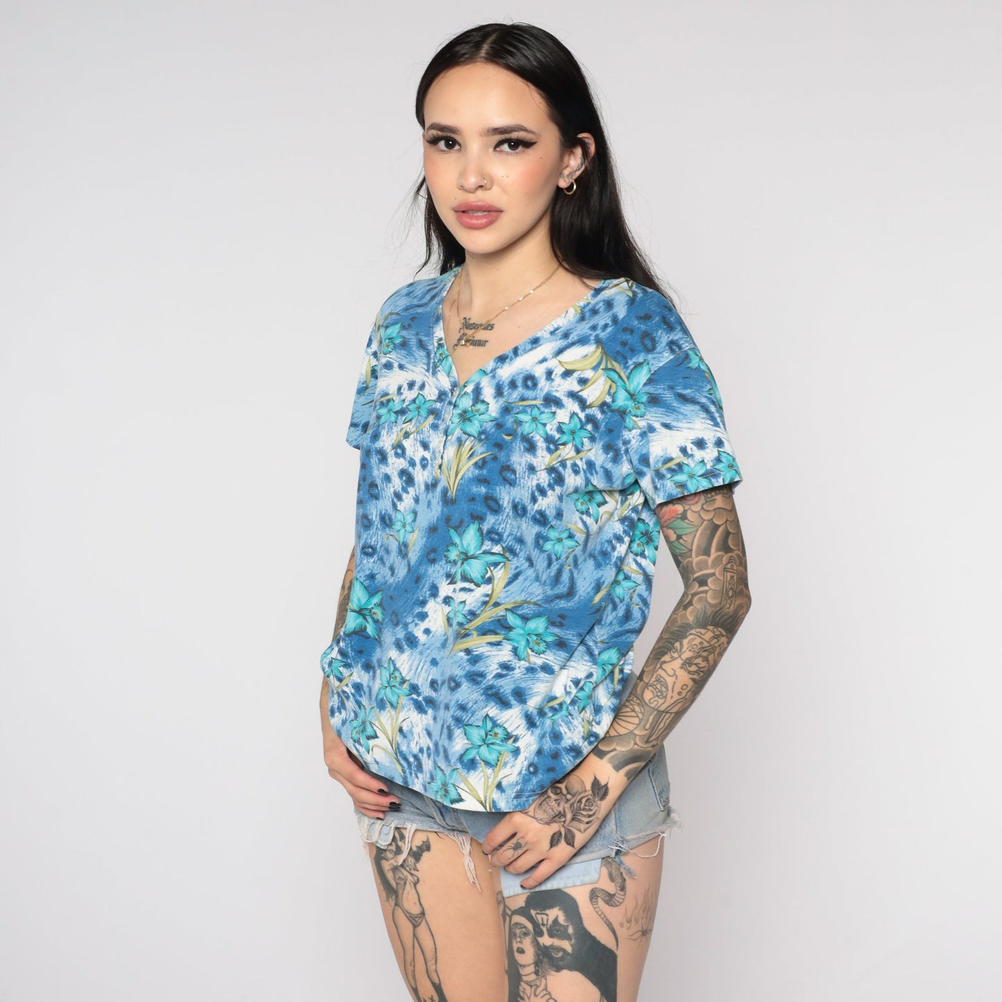 00s Tropical Floral Leopard Print Button-Up Blouse Blue Short Sleeve Small S