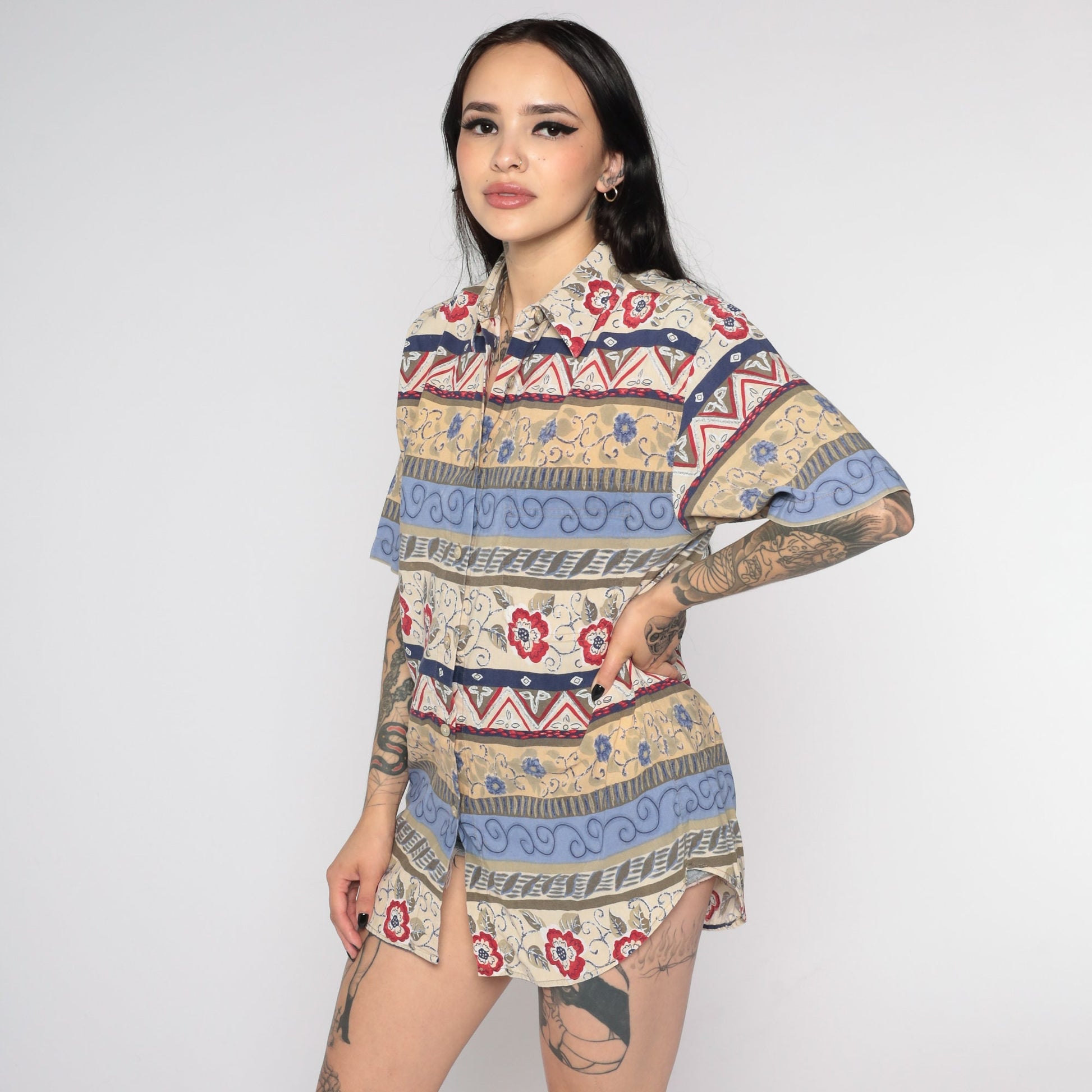 90s Floral Geometric Print Button-Up Blouse Blue Beige Short Sleeve Medium