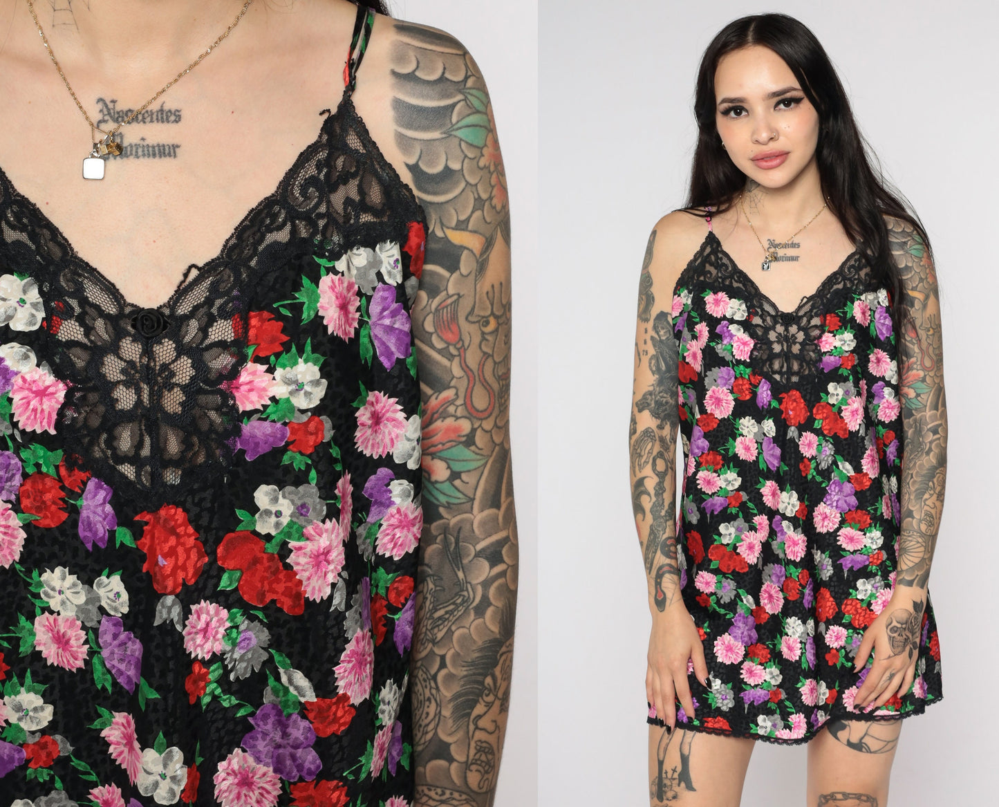 90s Black Floral Embossed Slip Dress Lace Trim Spaghetti Strap Mini Medium