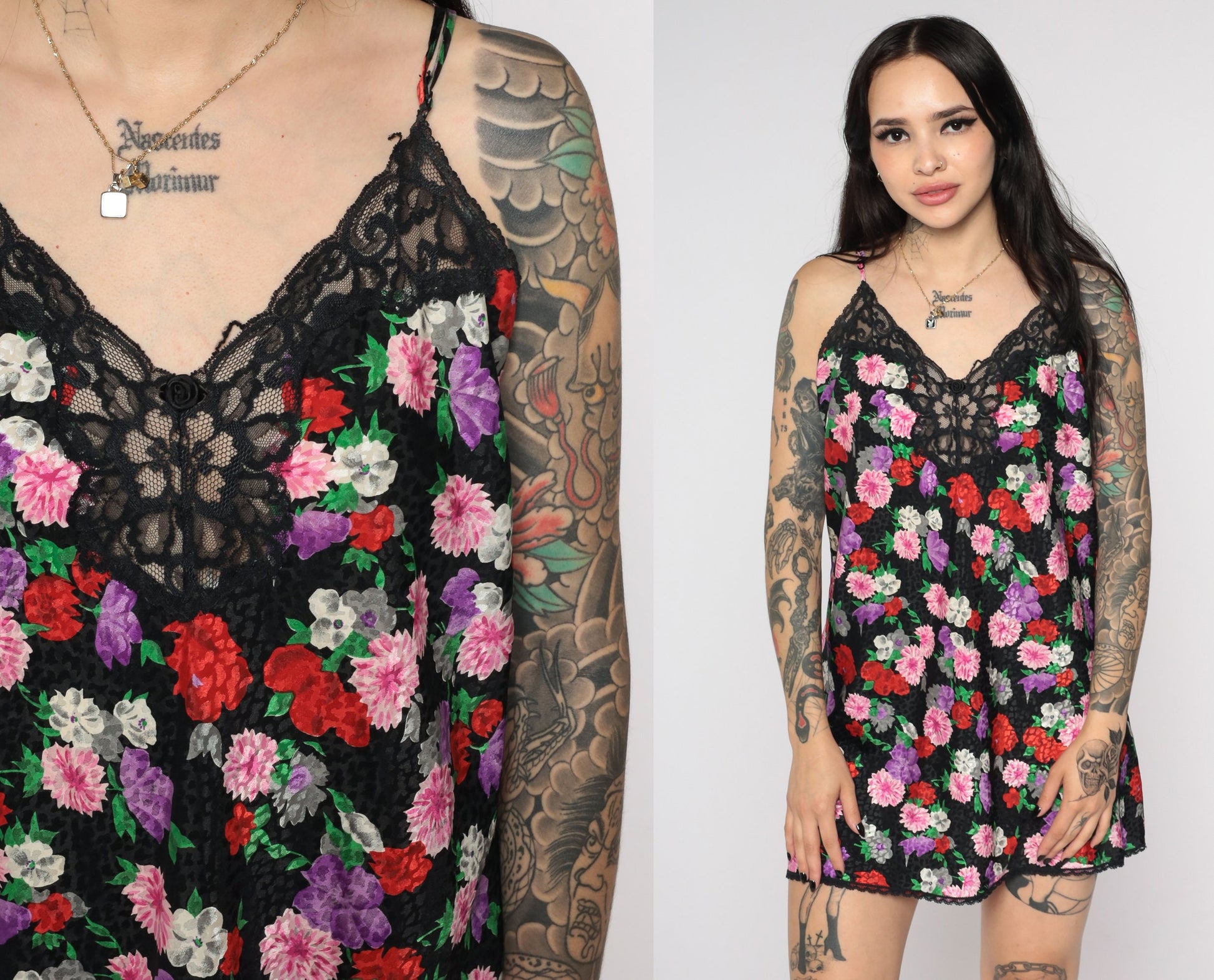 90s Black Floral Embossed Slip Dress Lace Trim Spaghetti Strap Mini Medium