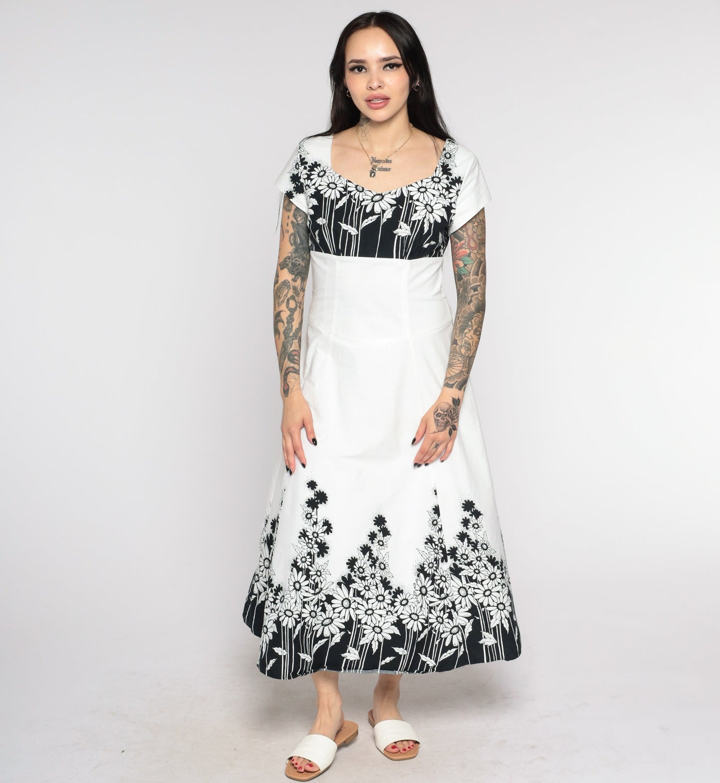 90s Jodi Of California Floral Midi Dress Black White Daisy Empire Waist Small