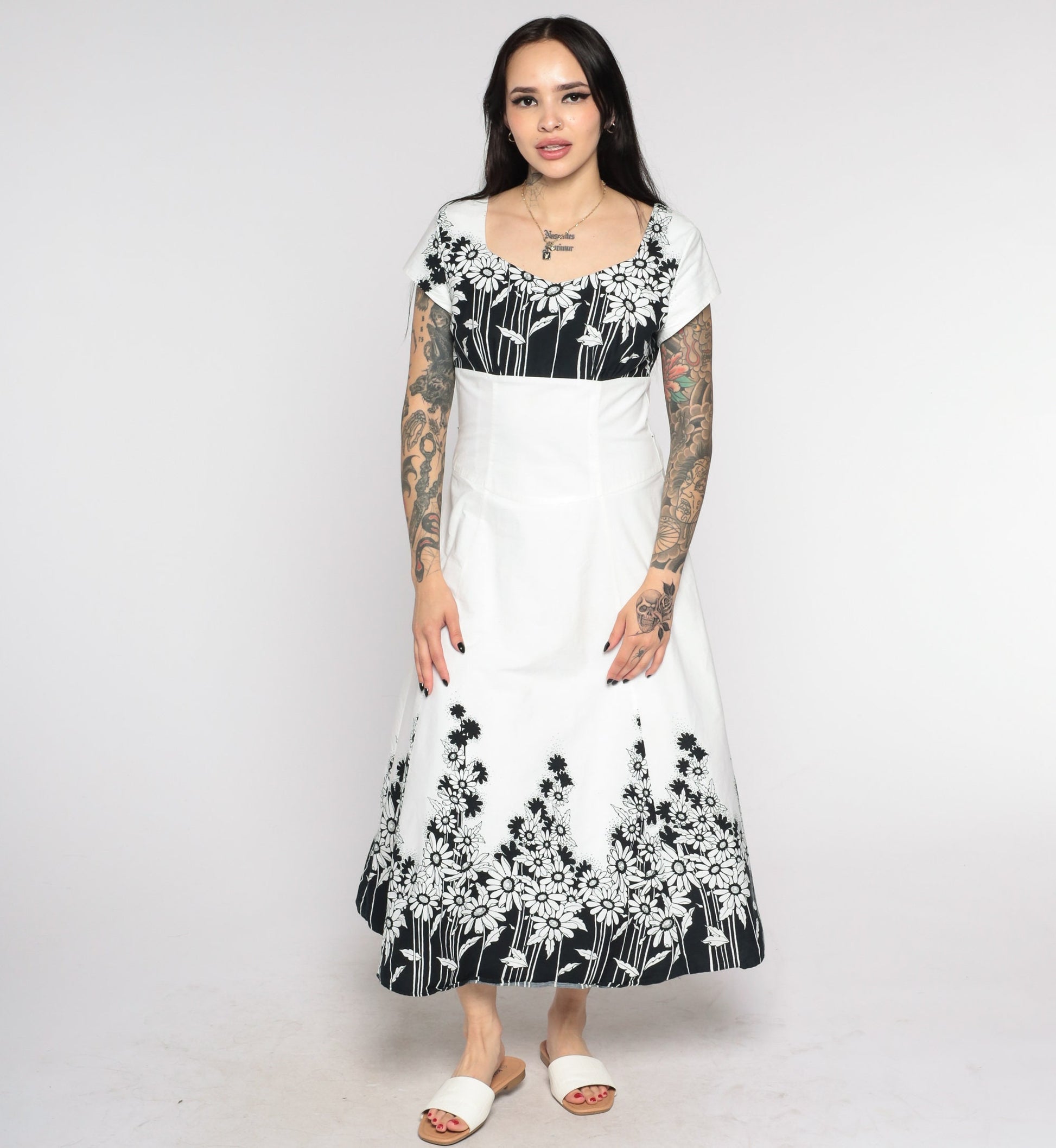 90s Jodi Of California Floral Midi Dress Black White Daisy Empire Waist Small