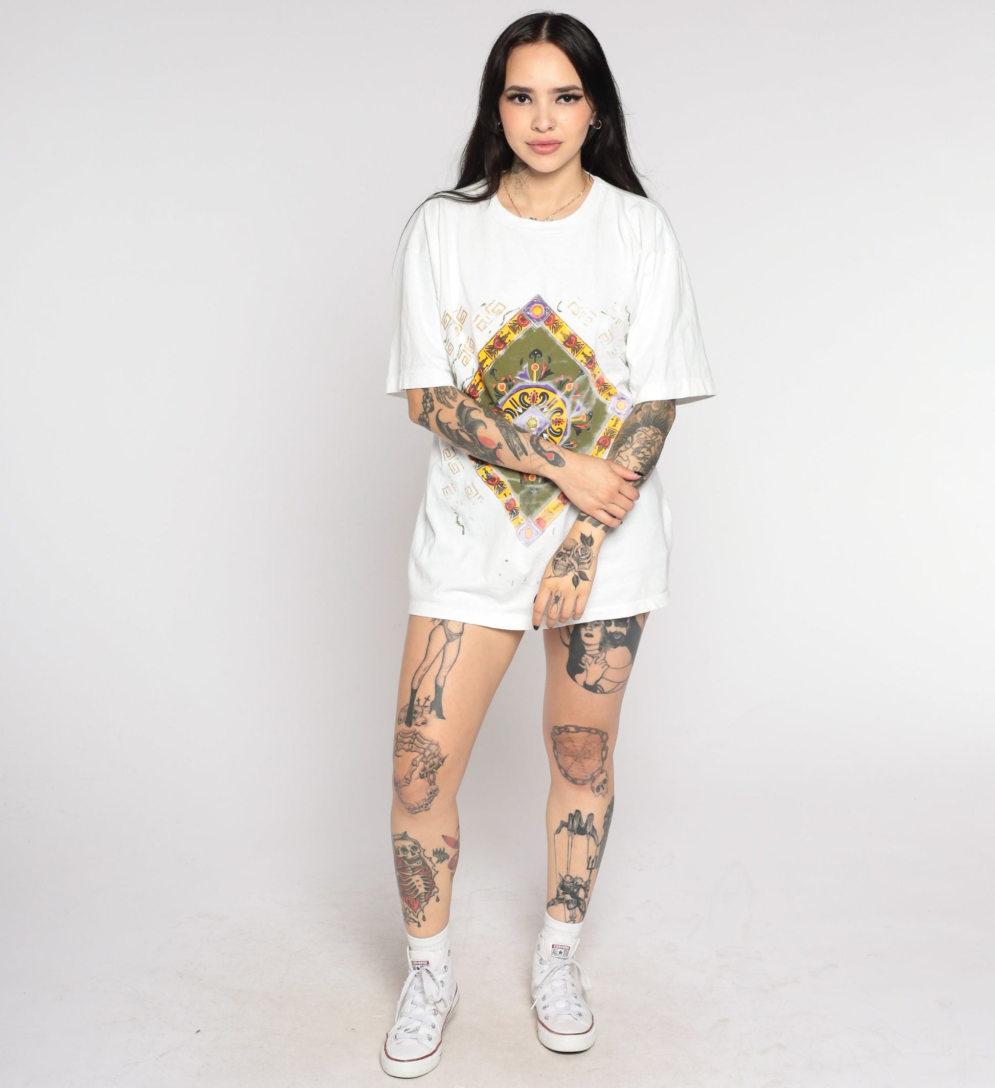 90s Geometric Square Print T-Shirt White Glitter Hand Painted Graphic Tee Large
