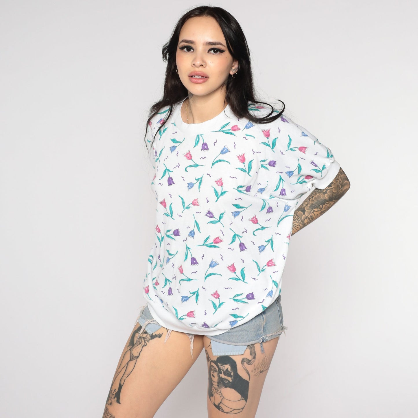 80s White Floral Print Top Banded Hem Short Sleeve Plus Size XXL