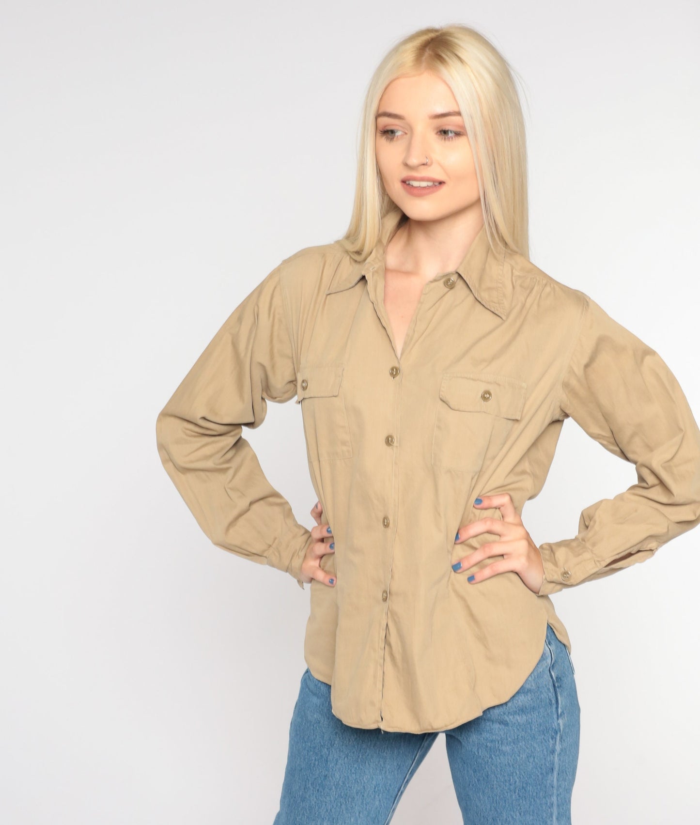 90s Tan Button-Up Shirt Long Sleeve Collared Blouse Small