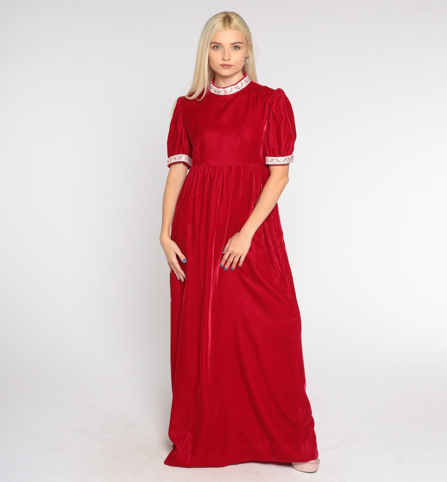 70s Red Velvet Maxi Dress Puff Sleeve High Waist Floral Ribbon Trim Small