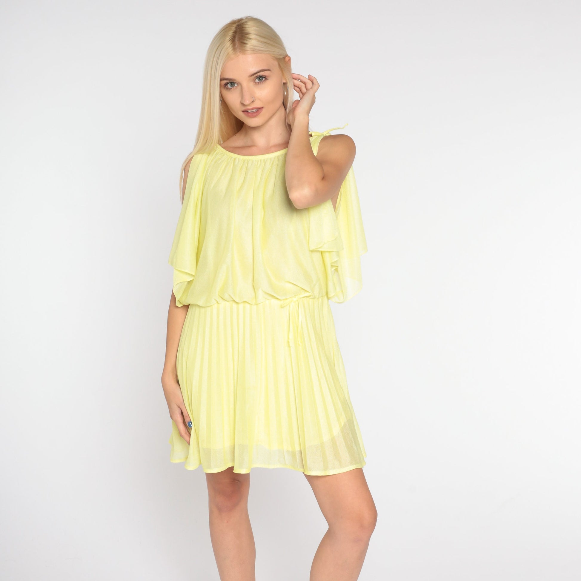 70s Yellow Mini Dress Pleated High Waist Draped Slit Sleeve Small Medium