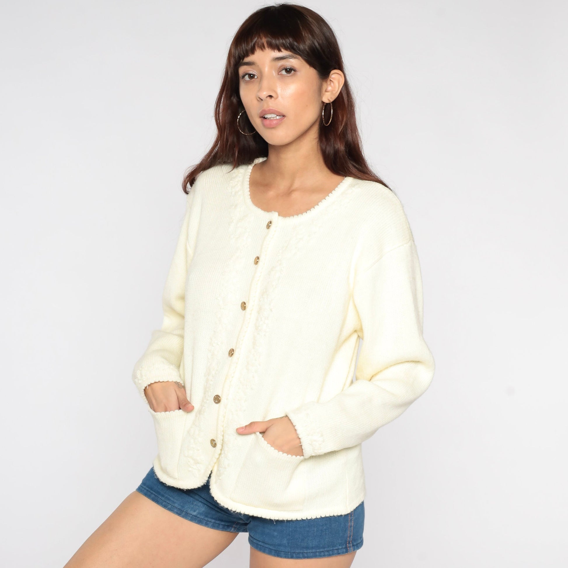 80s Floral Embroidered Cardigan Cream Button-Up Knit Sweater Medium Large