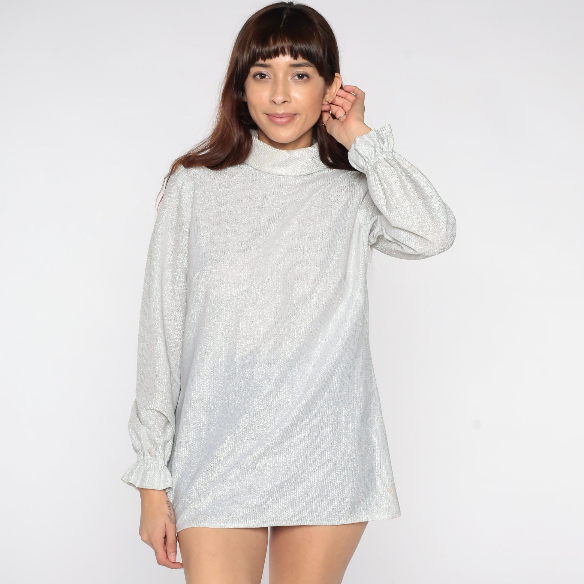70s Silver Metallic Turtleneck Puff Sleeve Blouse Small