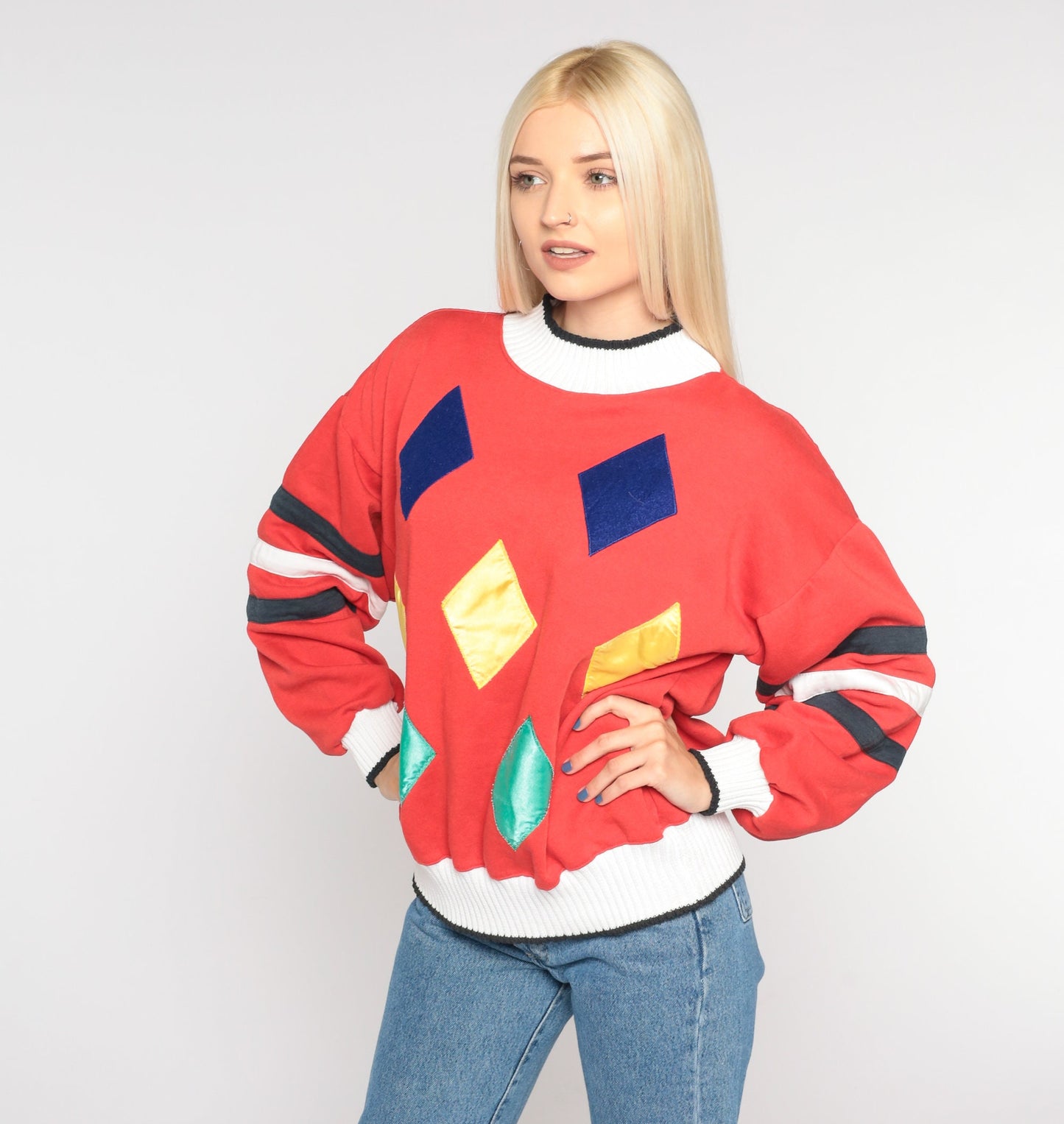90s Diamond Print Red Sweatshirt Crewneck Geometric Pullover Small S